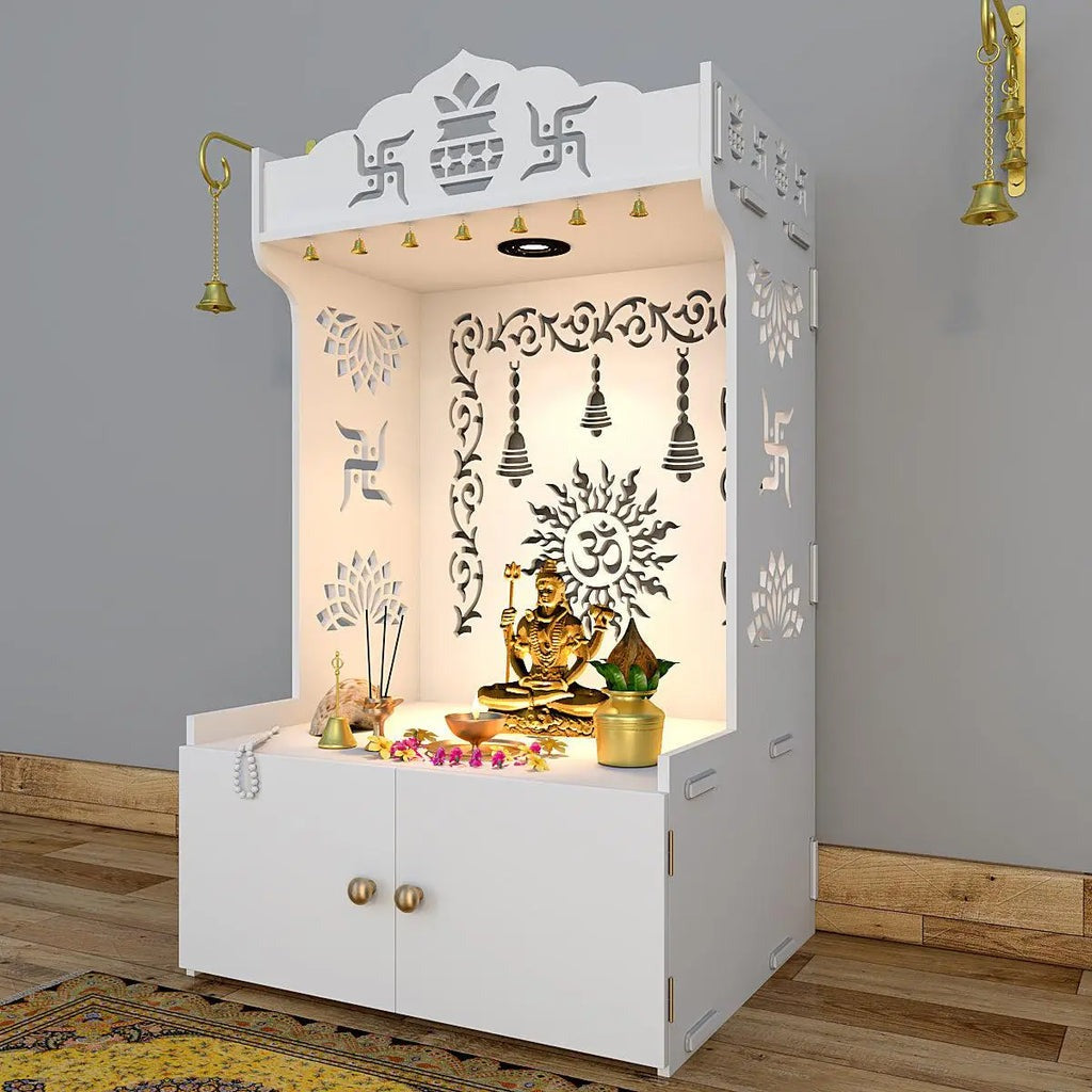 Premium White Wooden Floor Pooja Mandir with Laser-Cut Om Design & Storage Cabinet