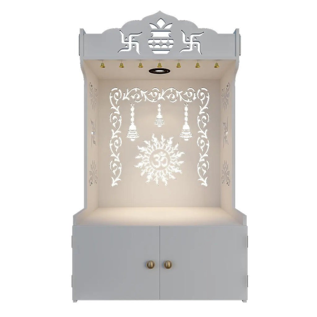 Premium White Wooden Floor Pooja Mandir with Laser-Cut Om Design & Storage Cabinet