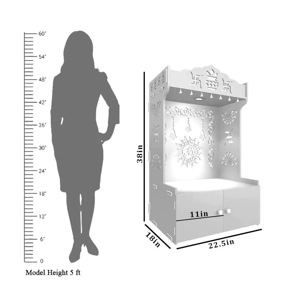 Premium White Wooden Floor Pooja Mandir with Laser-Cut Om Design & Storage Cabinet