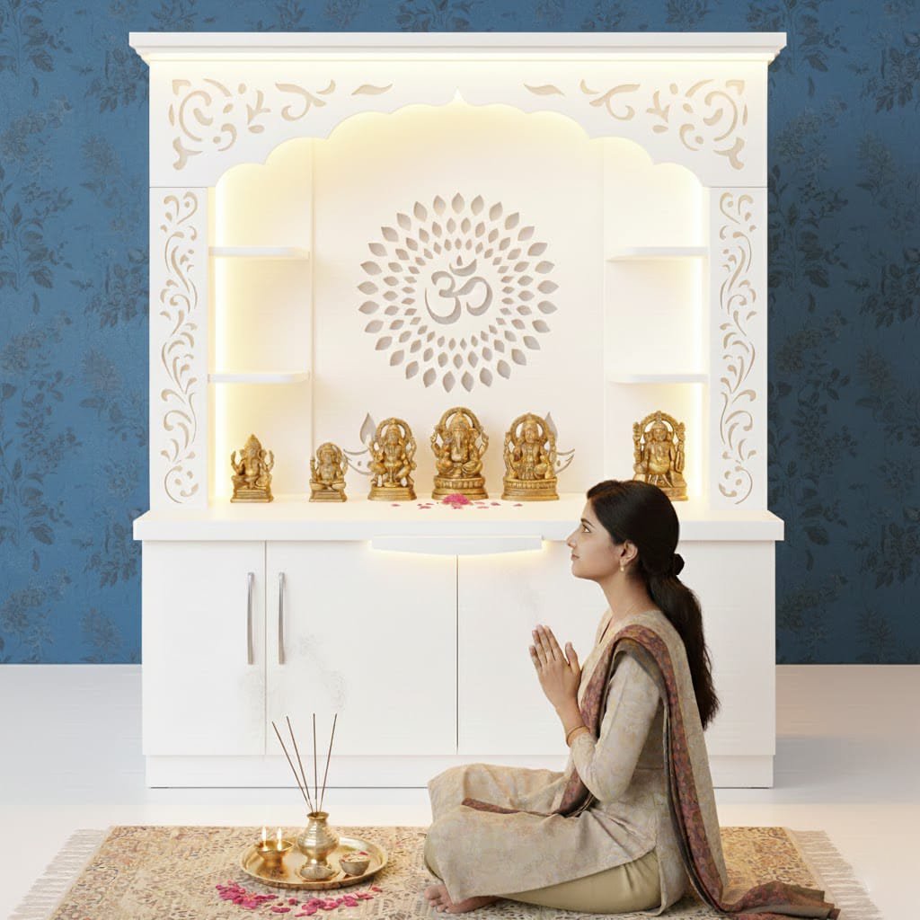 Premium White Wooden Floor Temple with Storage Space for Home