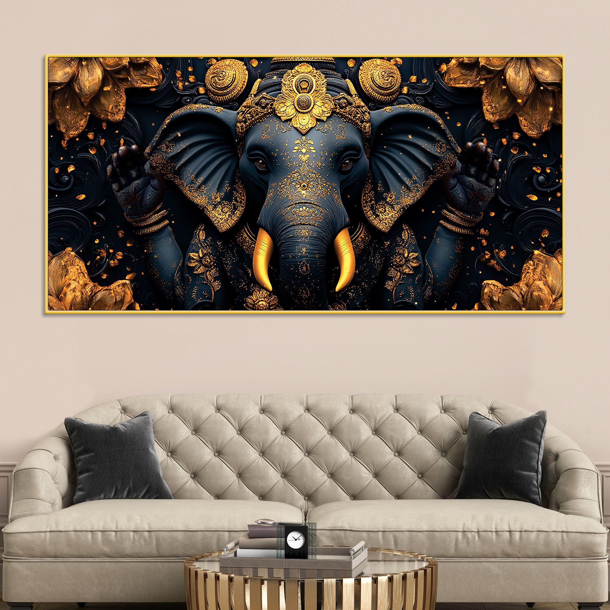 Divine Royal Black & Gold Lord Ganesha Canvas Wall Painting for Modern Home & Office Spaces