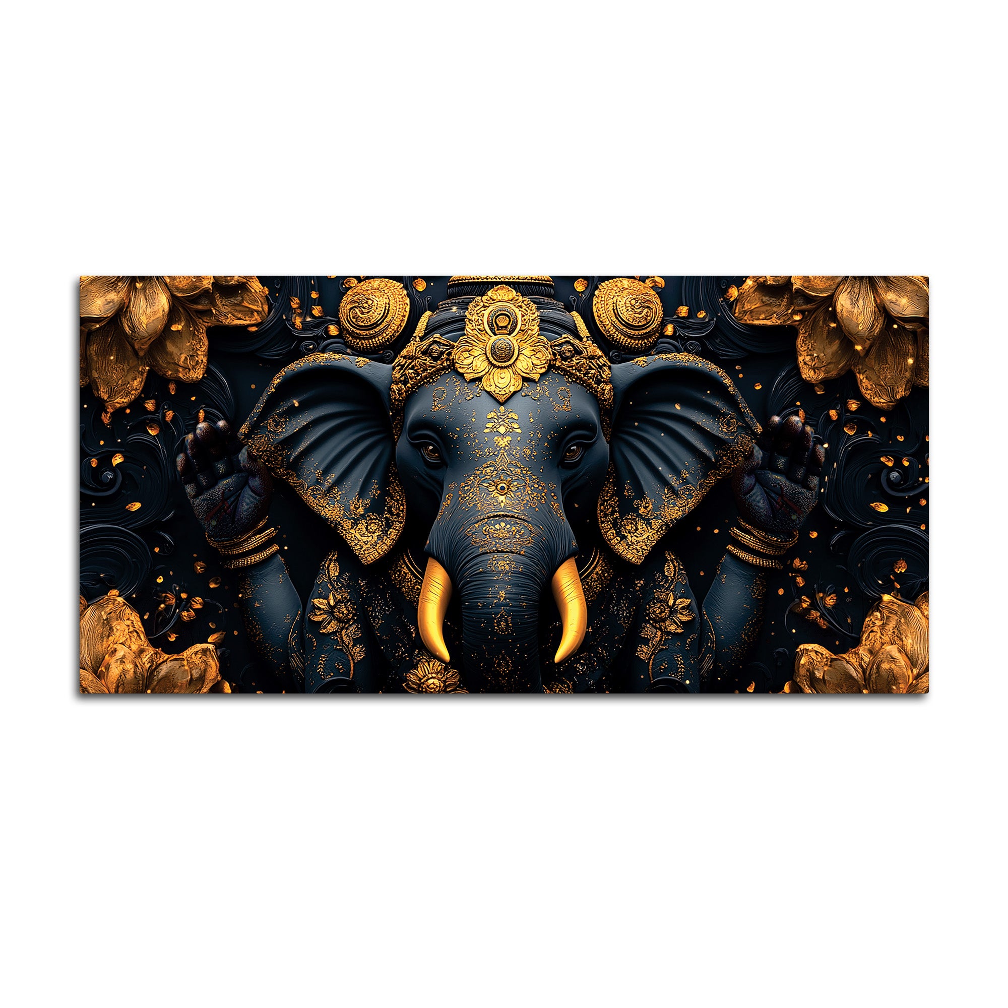 Divine Royal Black & Gold Lord Ganesha Canvas Wall Painting for Modern Home & Office Spaces