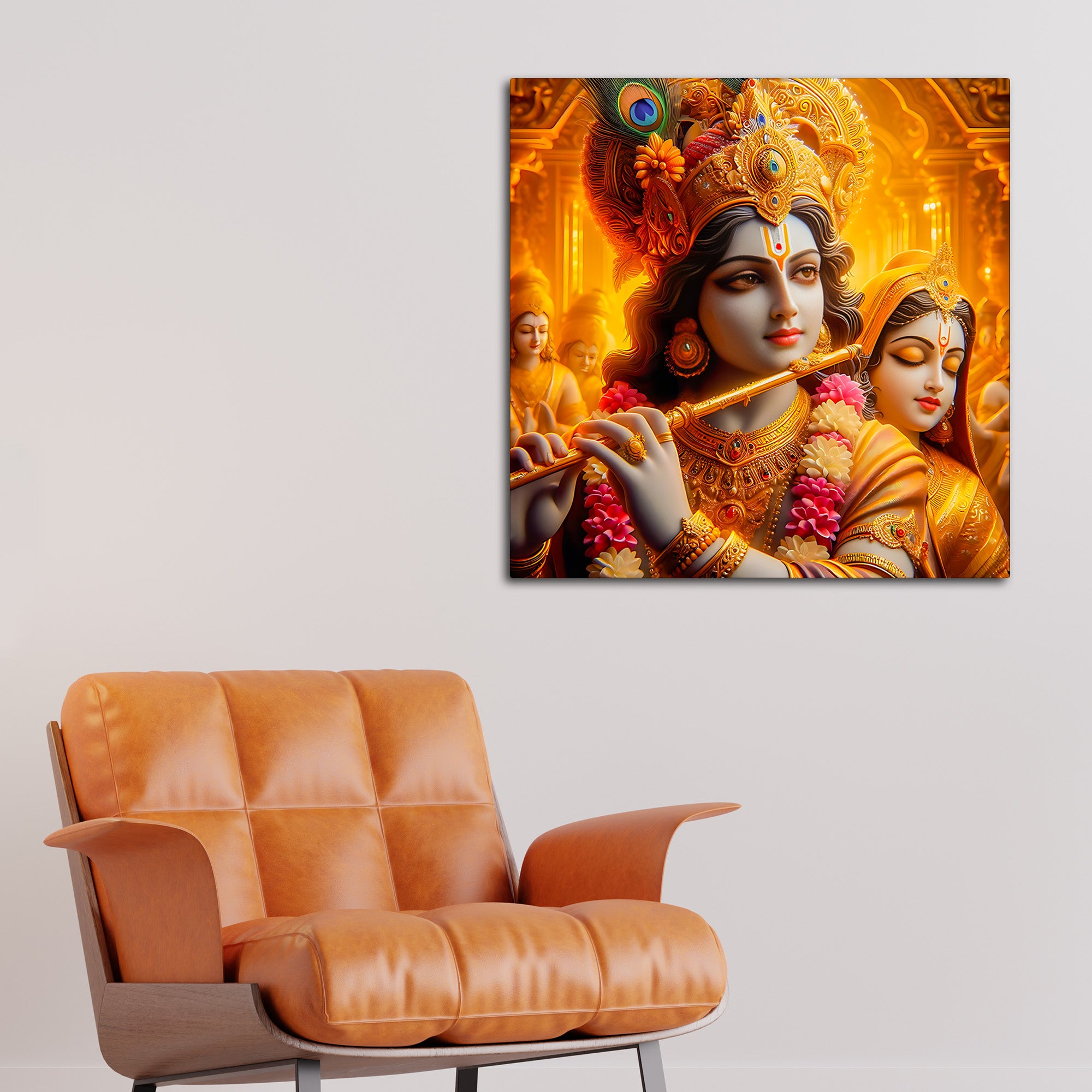 Majestic Shri Krishna Radha Playing Flute Canvas Wall Painting