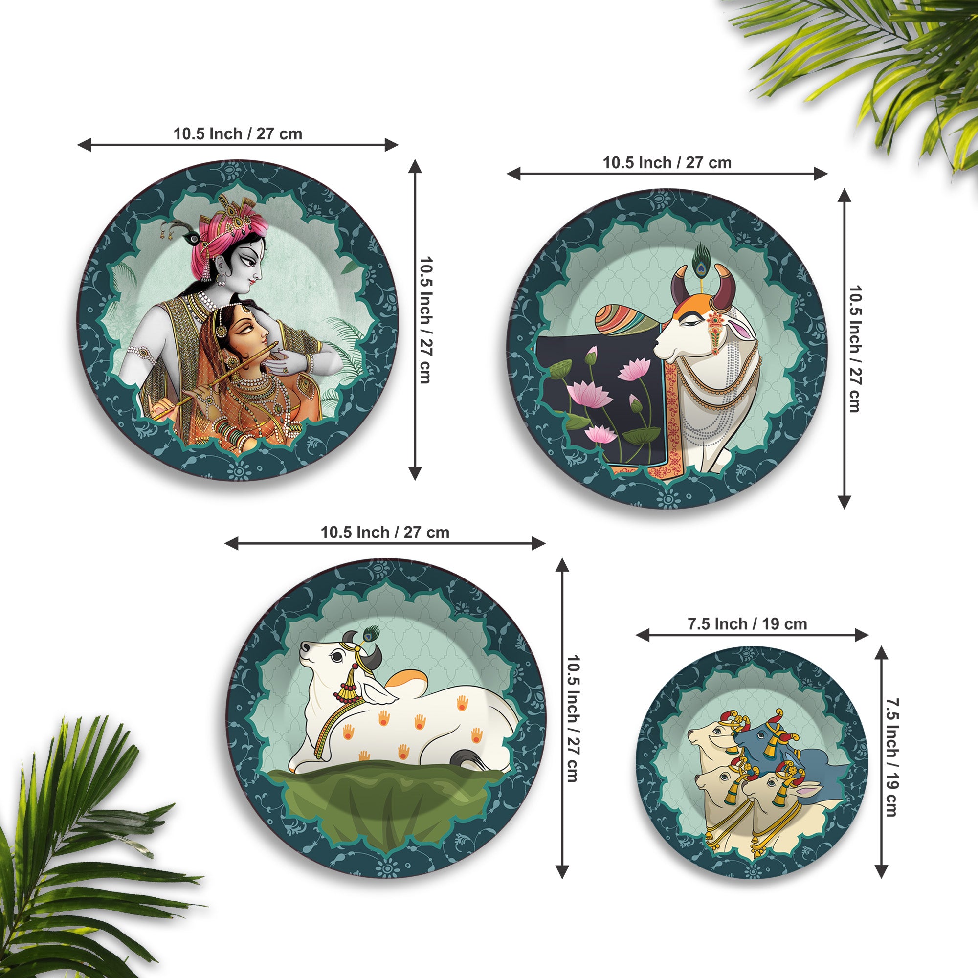 Radha Krishna & Cow Hindu Premium Wall Plates Painting Set of Four