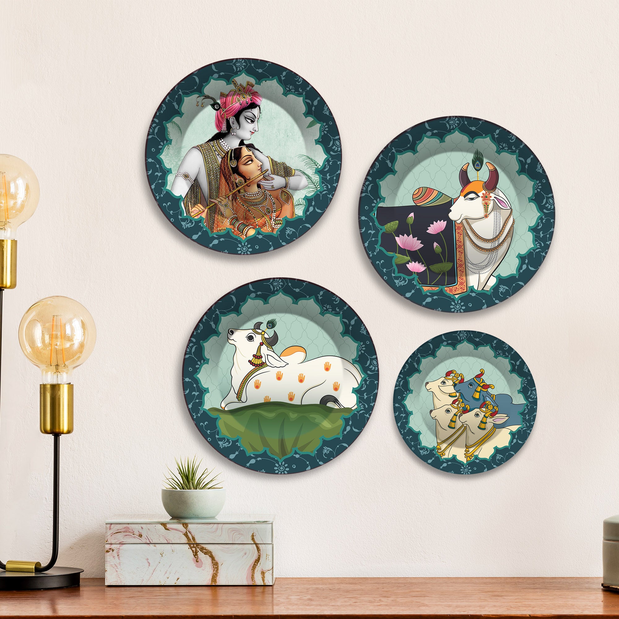 Radha Krishna & Cow Hindu Premium Wall Plates Painting Set of Four