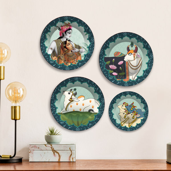 Radha Krishna & Cow Hindu Premium Wall Plates Painting Set of Four