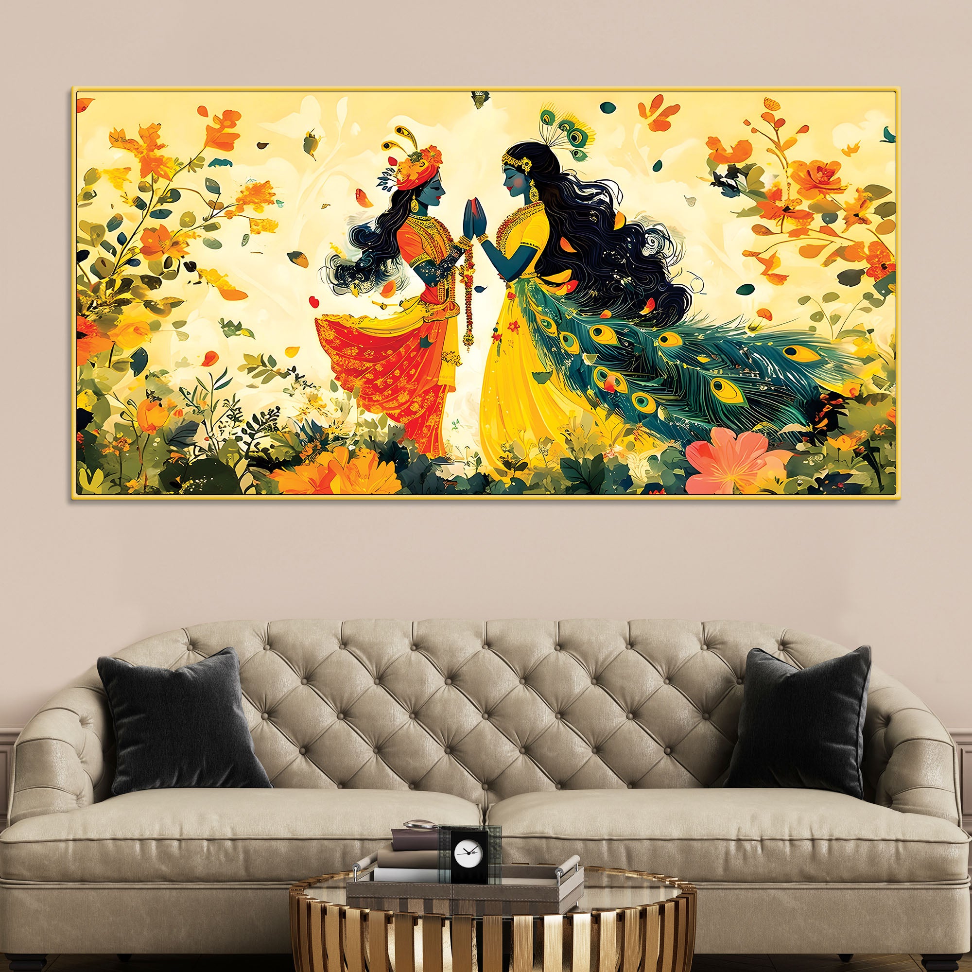 Radha Krishna Floral Spiritual Canvas Wall Painting for Home Decor