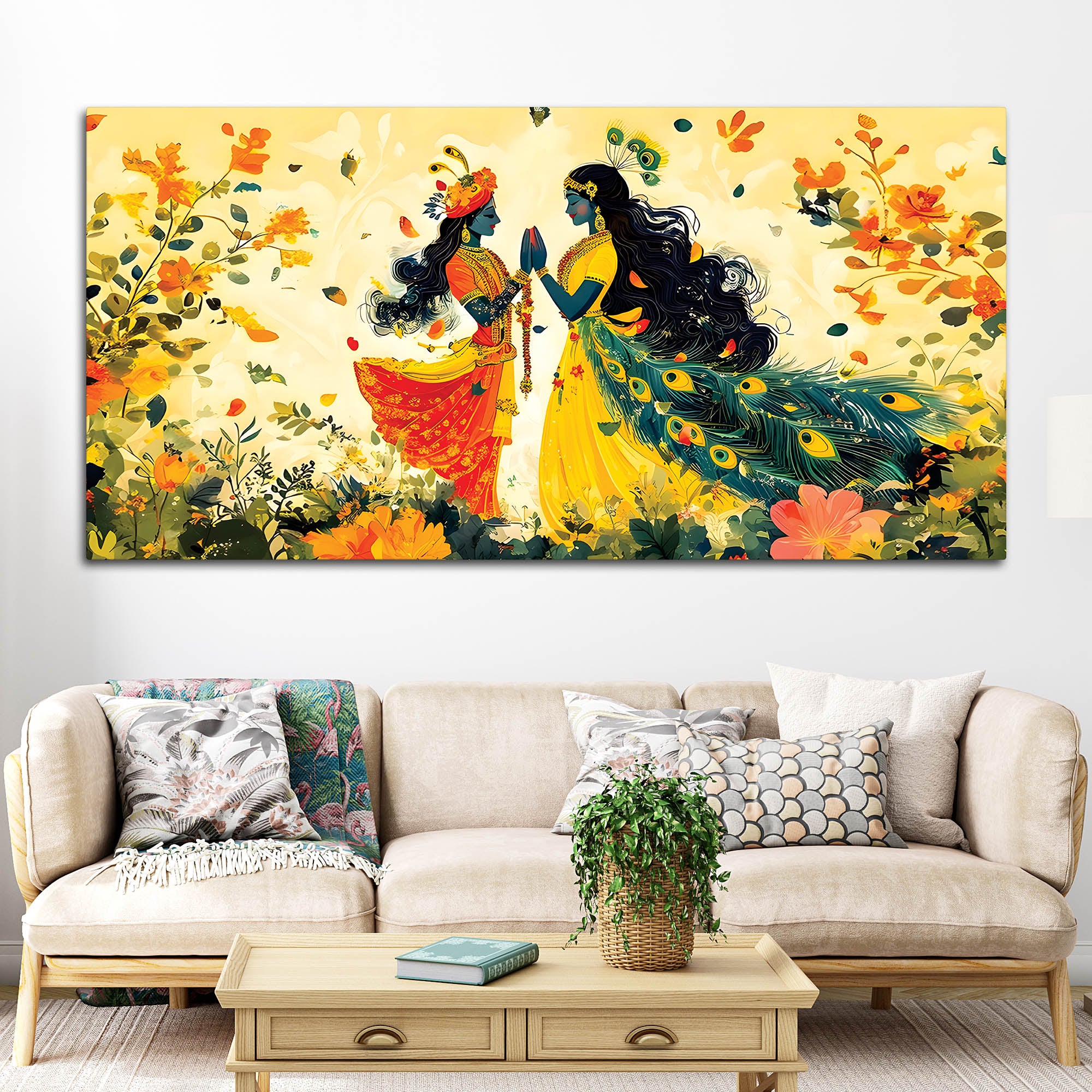 Radha Krishna Floral Spiritual Canvas Wall Painting for Home Decor