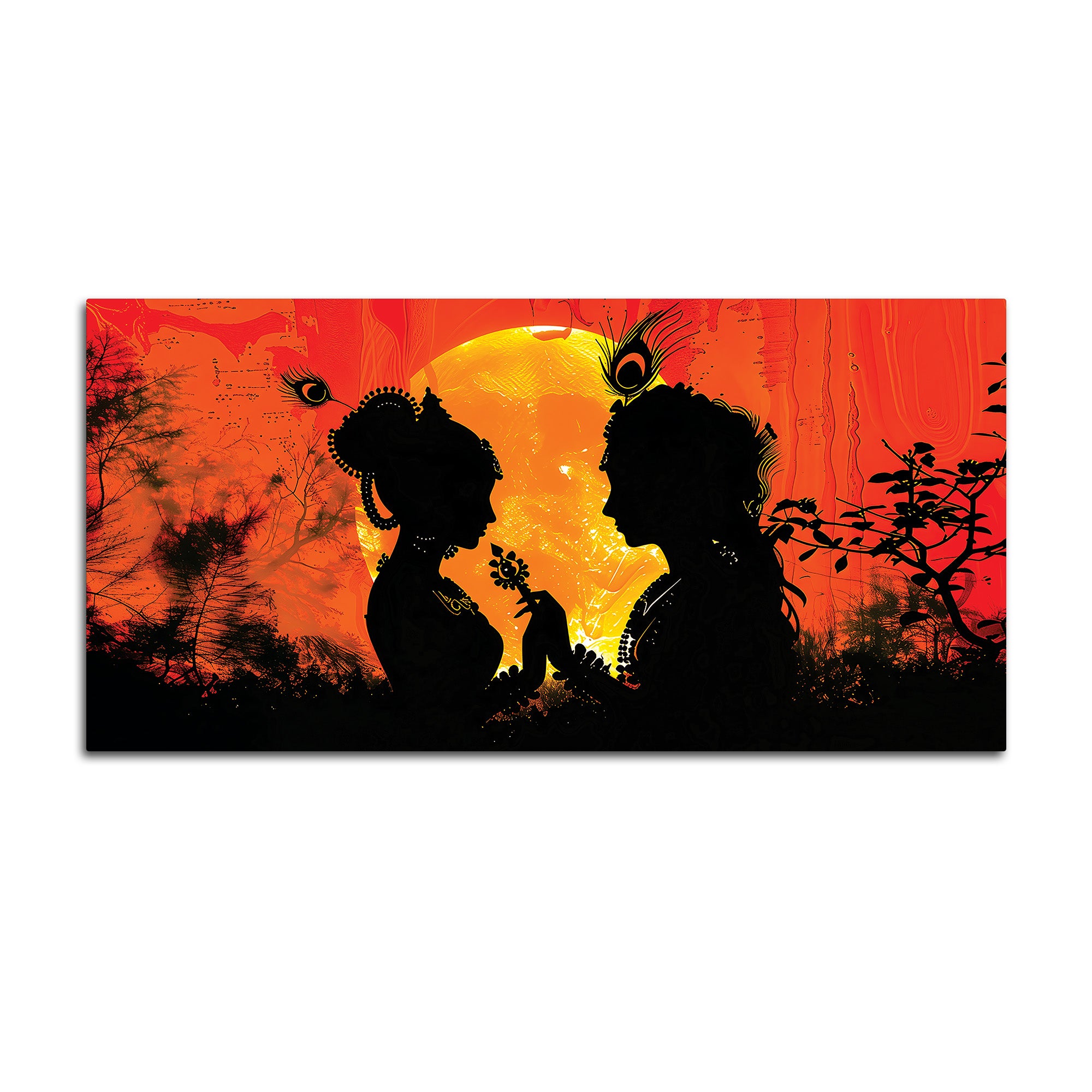 Radha Krishna Sunset Silhouette Devotional Painting