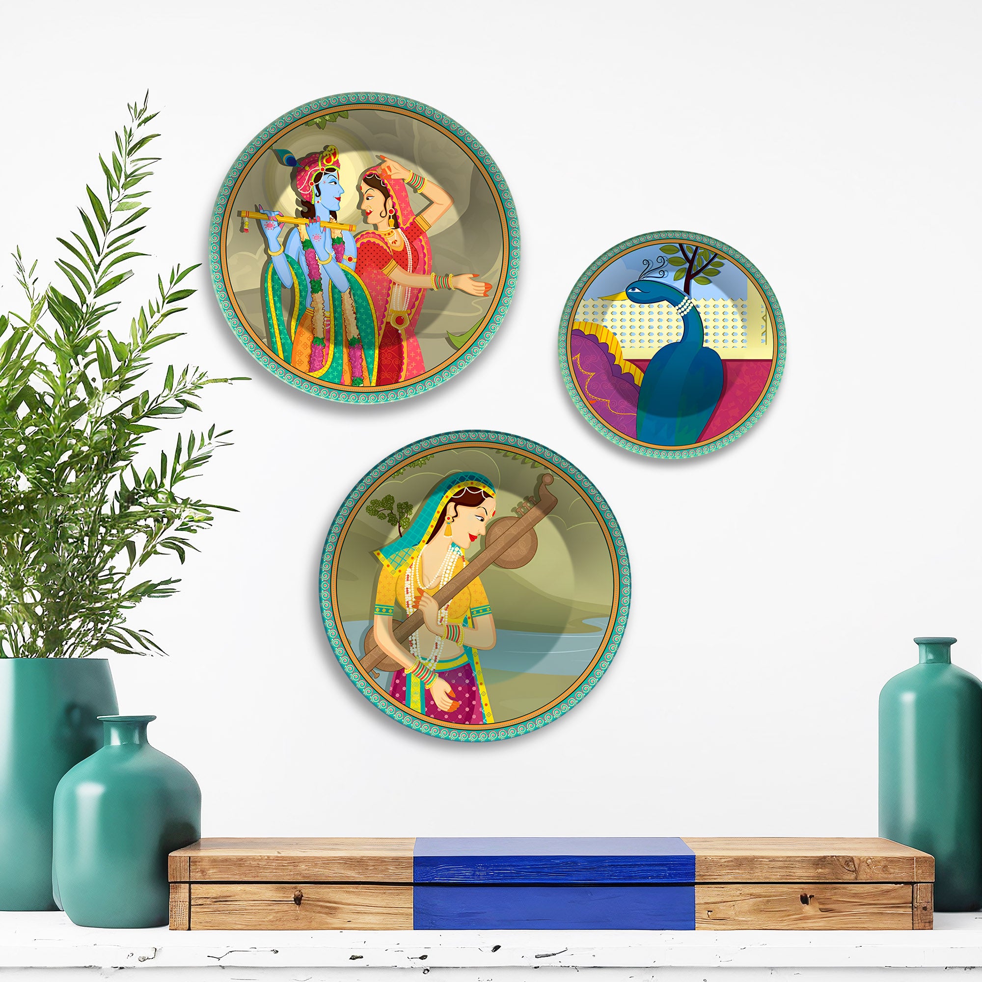 Radha Krishna & Veena Melodies Premium Wall Plates Painting Set of 3