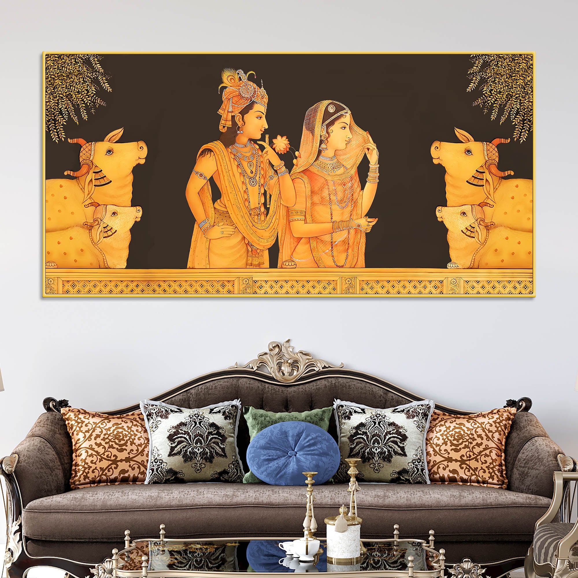 Radha Krishna with Sacred Cows Pichwai Canvas Painting – Spiritual Home Decor