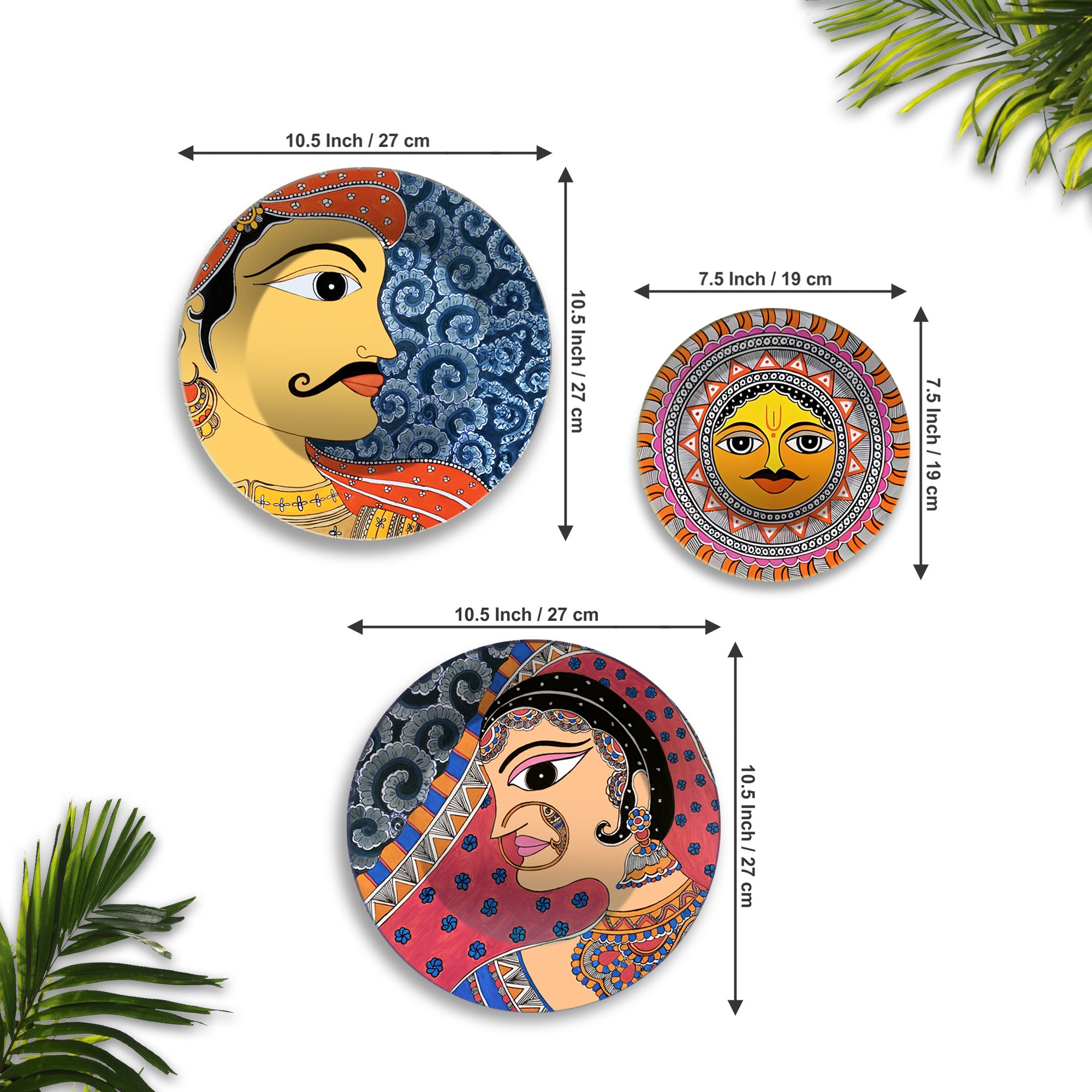 Rajasthani Man Woman & Surya Premium Wall Plates Painting Set of 3