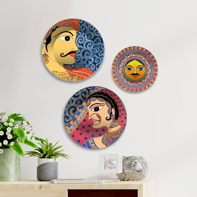 Rajasthani Man Woman & Surya Premium Wall Plates Painting Set of 3