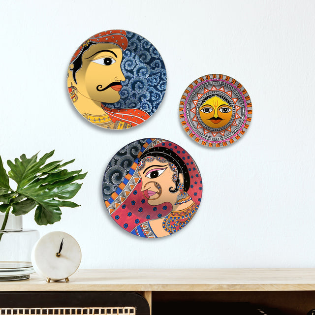 Rajasthani Man Woman & Surya Premium Wall Plates Painting Set of 3