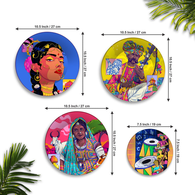 Rajasthani Vibes Pop Folk Art Premium Wall Plates Painting Set of Four