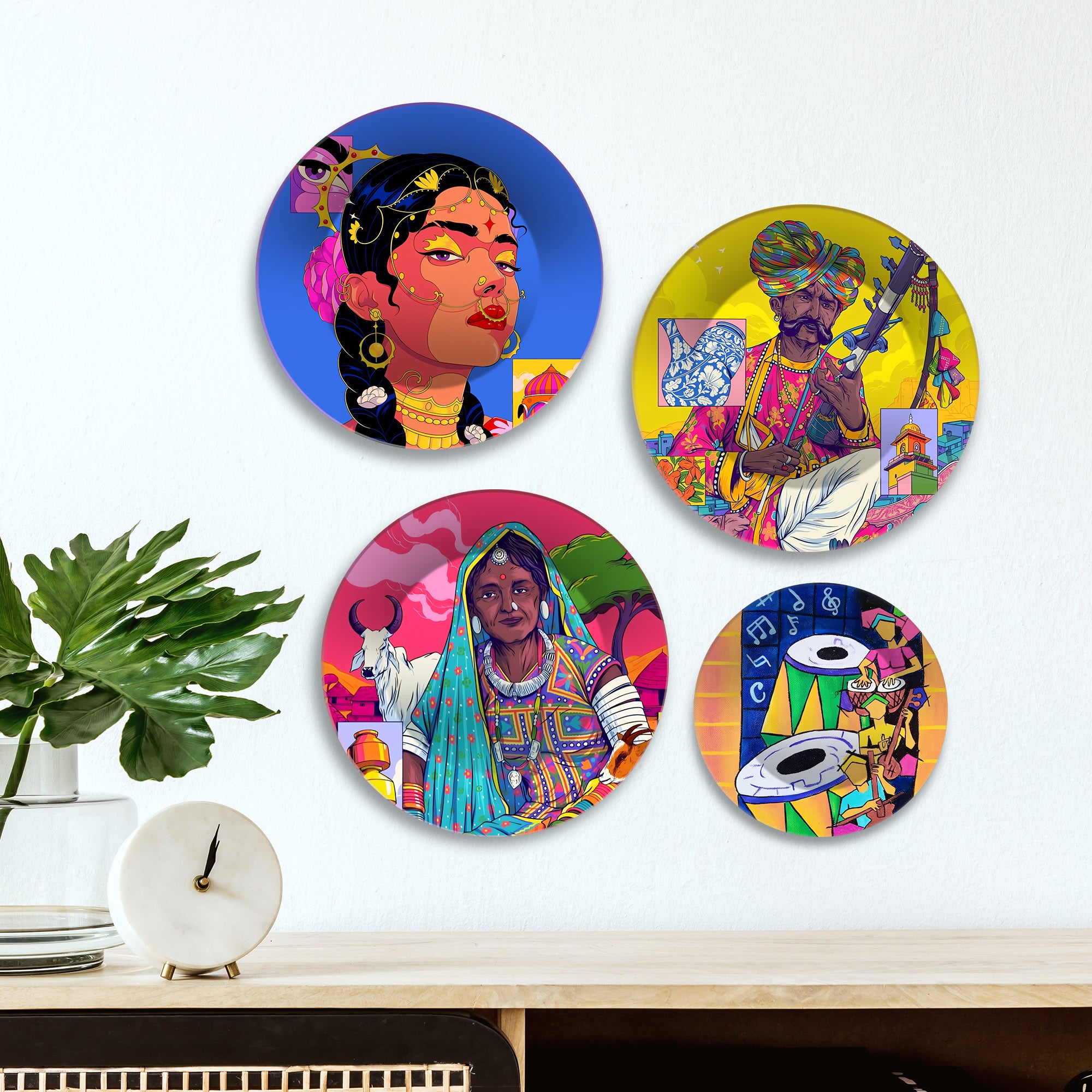 Rajasthani Vibes Pop Folk Art Premium Wall Plates Painting Set of Four
