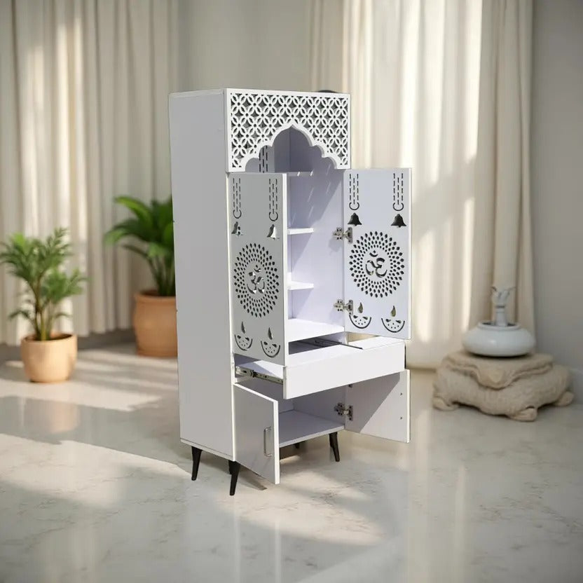 Ravishing White Finish Wooden Floor Temple with Om LED Back Panel & Spacious Storage Cabinet for Home & Office