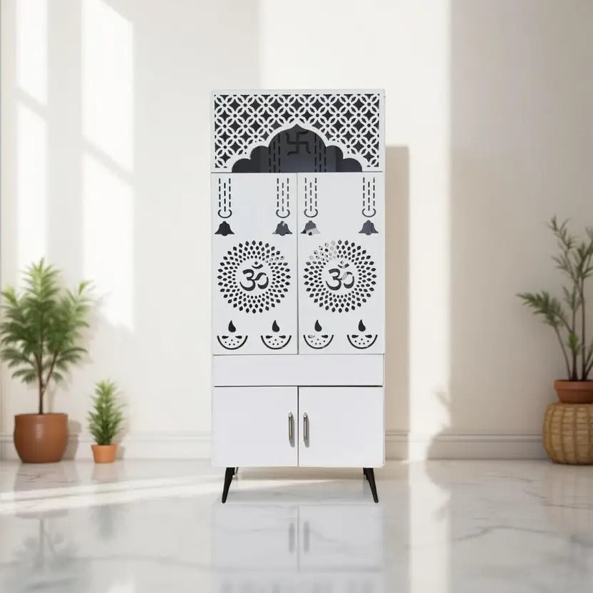 Ravishing White Finish Wooden Floor Temple with Om LED Back Panel & Spacious Storage Cabinet for Home & Office