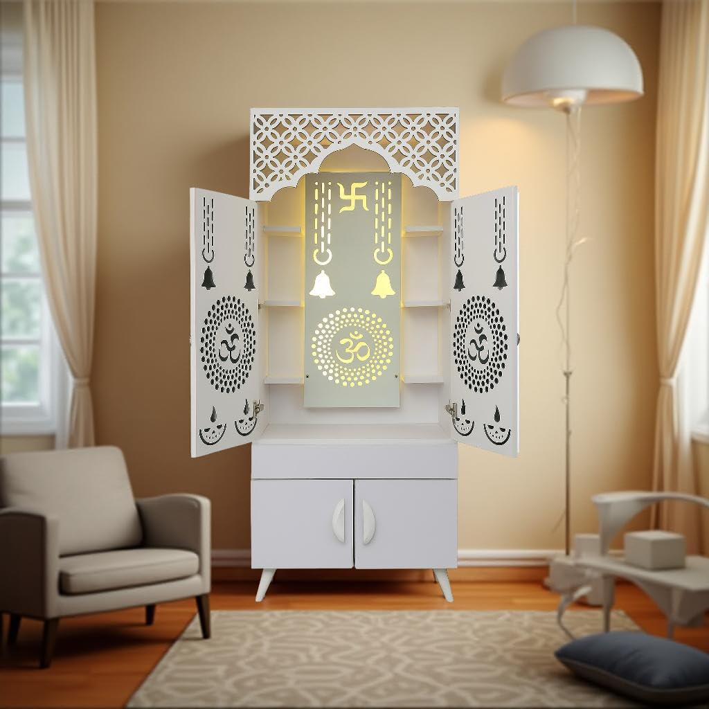 Ravishing White Finish Wooden Floor Temple with Om LED Back Panel & Spacious Storage Cabinet for Home & Office
