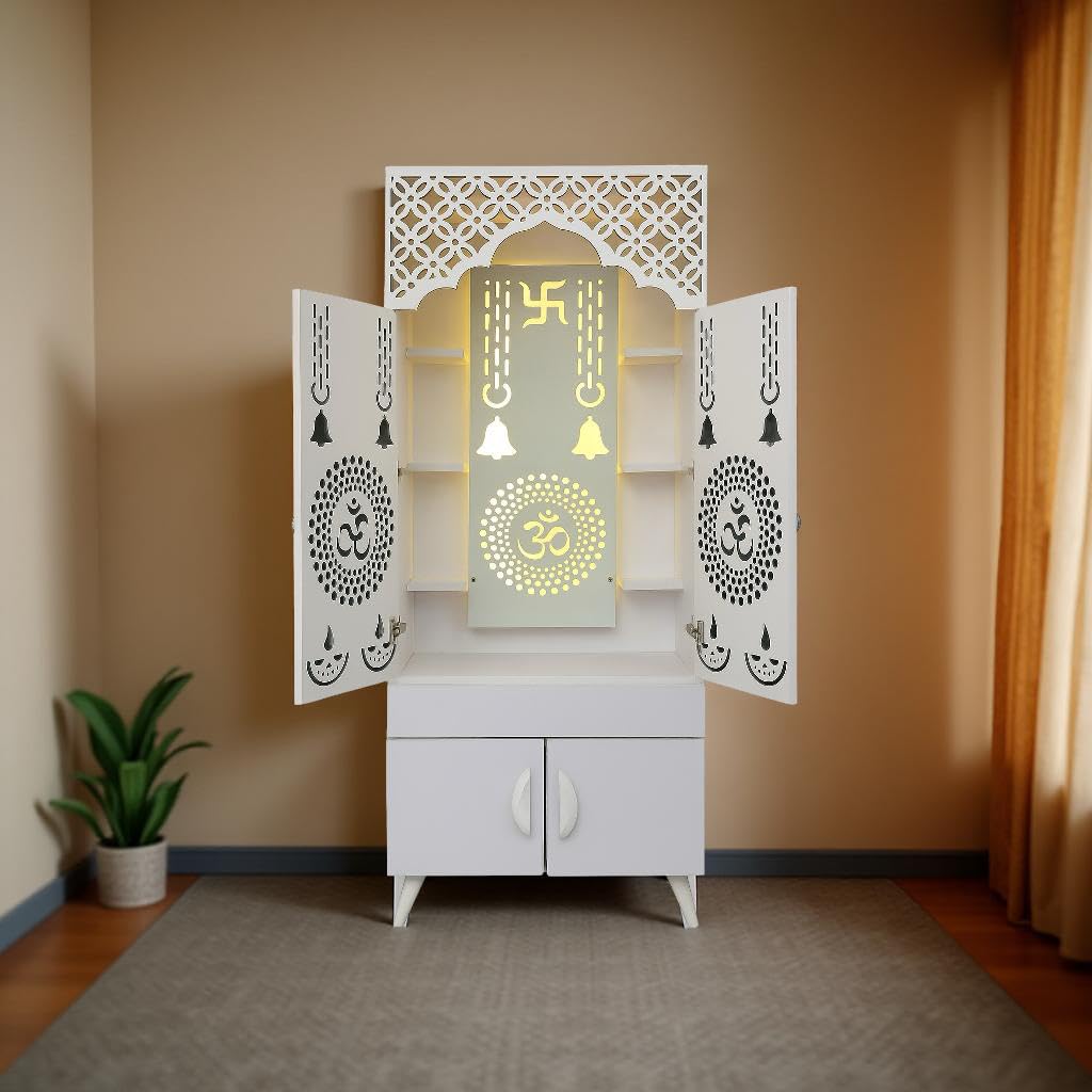 Ravishing White Finish Wooden Floor Temple with Om LED Back Panel & Spacious Storage Cabinet for Home & Office