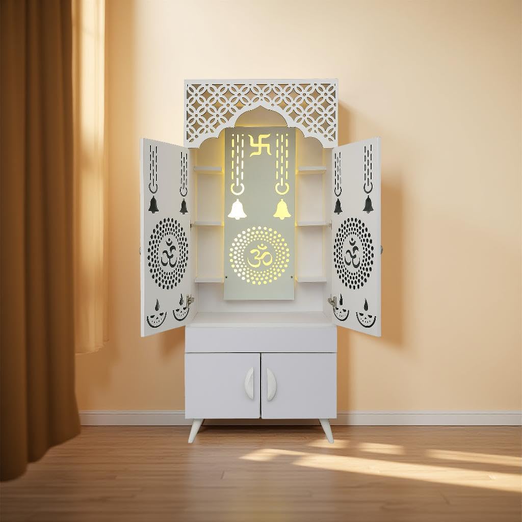 Ravishing White Finish Wooden Floor Temple with Om LED Back Panel & Spacious Storage Cabinet for Home & Office