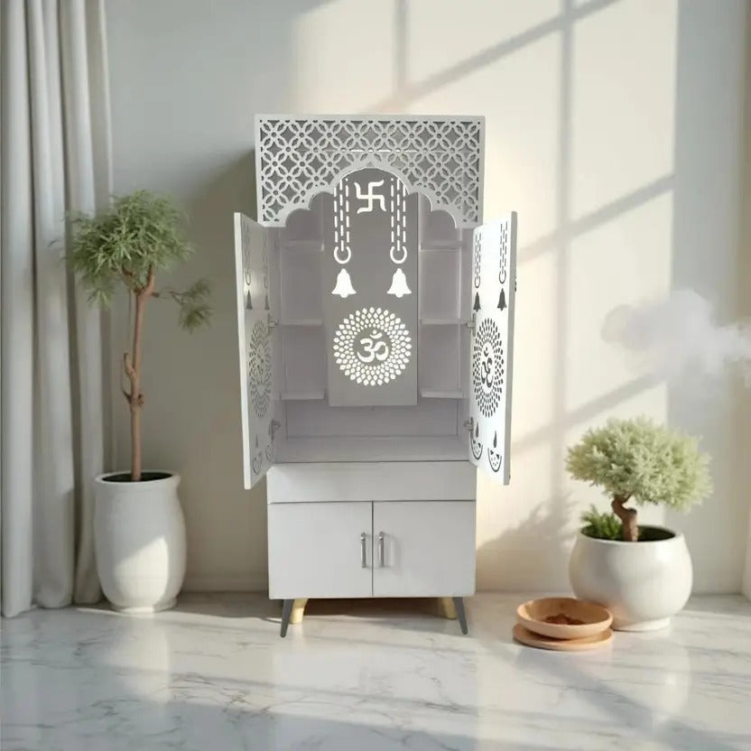 Ravishing White Finish Wooden Floor Temple with Om LED Back Panel & Spacious Storage Cabinet for Home & Office