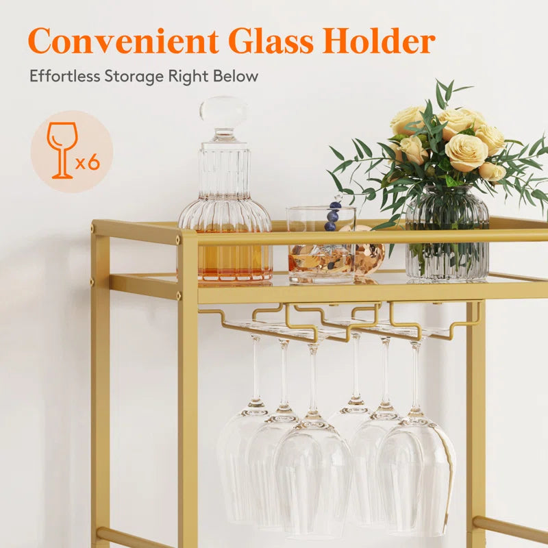 Rolling Golden Bar Cart with Bottle & Glass Organizer