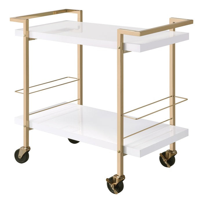 Rolling White Bar Trolley with Sophisticated Golden Metal Finish
