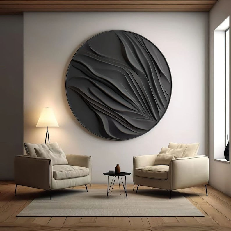 Round Black 3D Wall Art Panel with Flowing Abstract Design