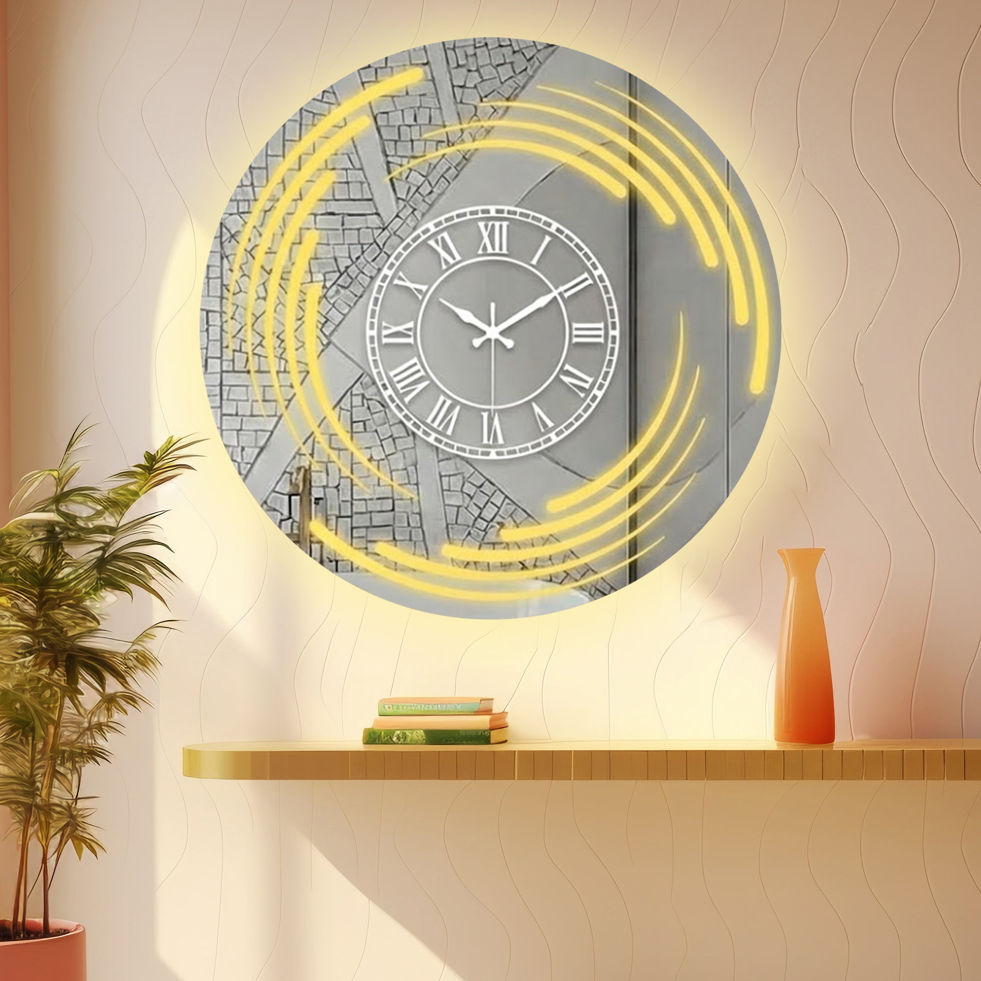 Round LED Mirror Wall Clock | Roman Numeral Modern Decorative Clock