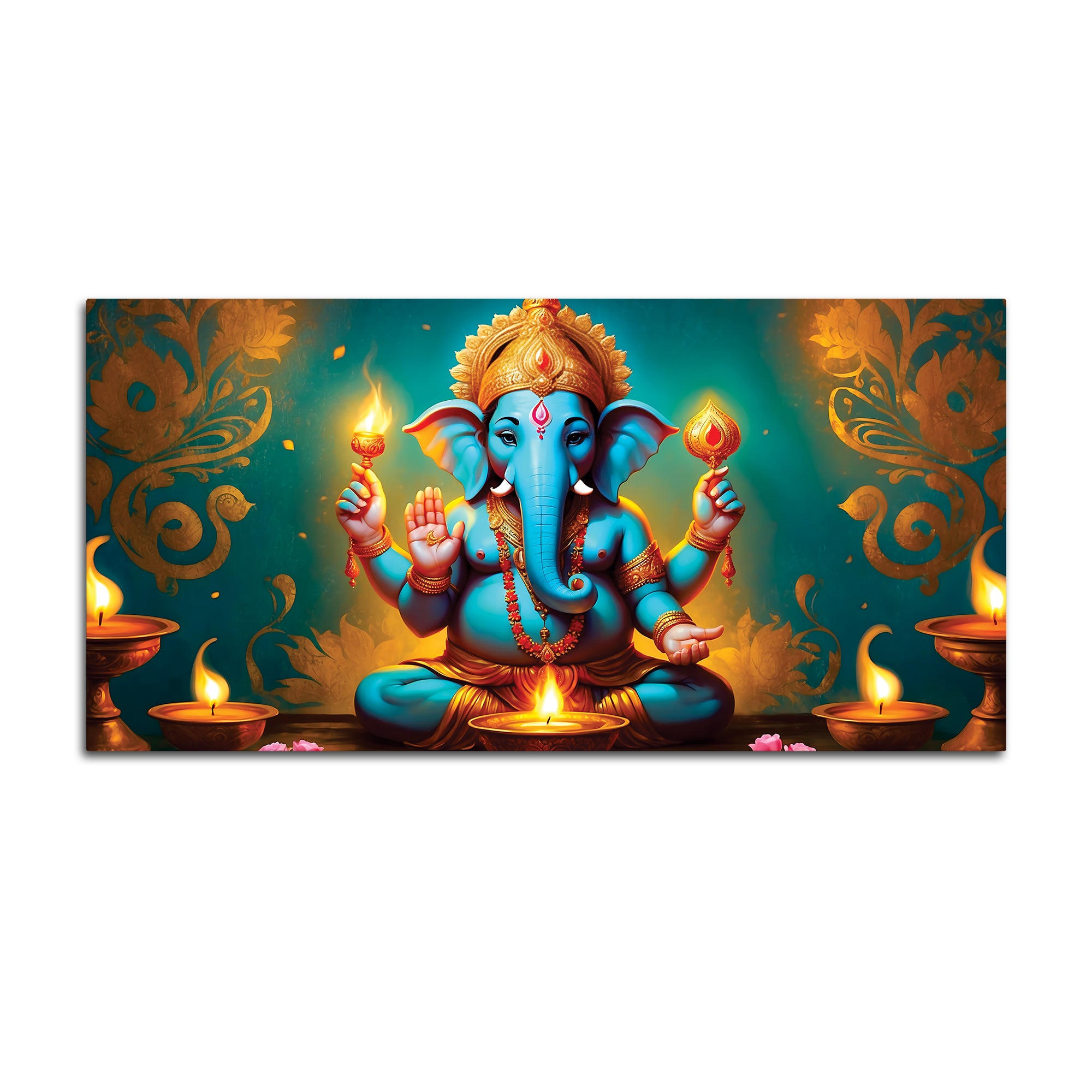 Royal Divine Blue Lord Ganesha Sitted with Golden Lamps Devotional Canvas Wall Painting for Home & Office Decor – Modern Spiritual Wall Art
