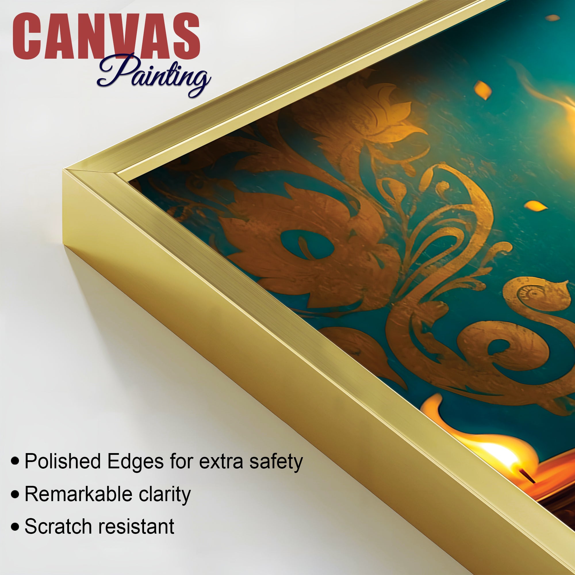 Royal Divine Blue Lord Ganesha Sitted with Golden Lamps Devotional Canvas Wall Painting for Home & Office Decor – Modern Spiritual Wall Art