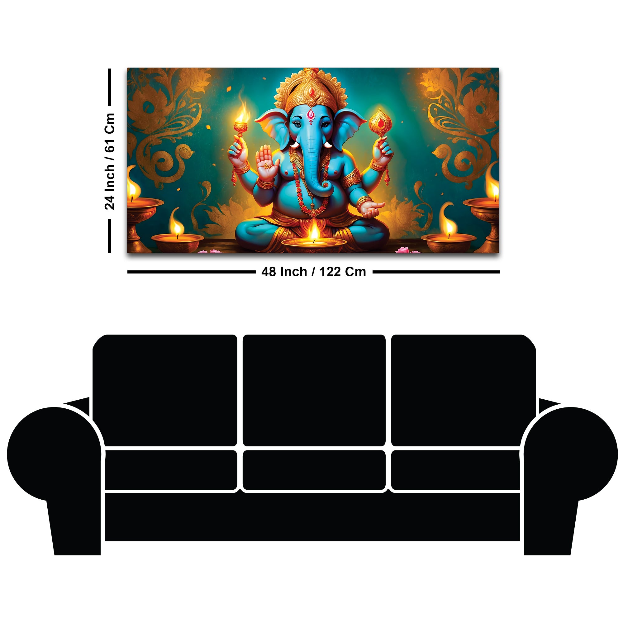 Royal Divine Blue Lord Ganesha Sitted with Golden Lamps Devotional Canvas Wall Painting for Home & Office Decor – Modern Spiritual Wall Art