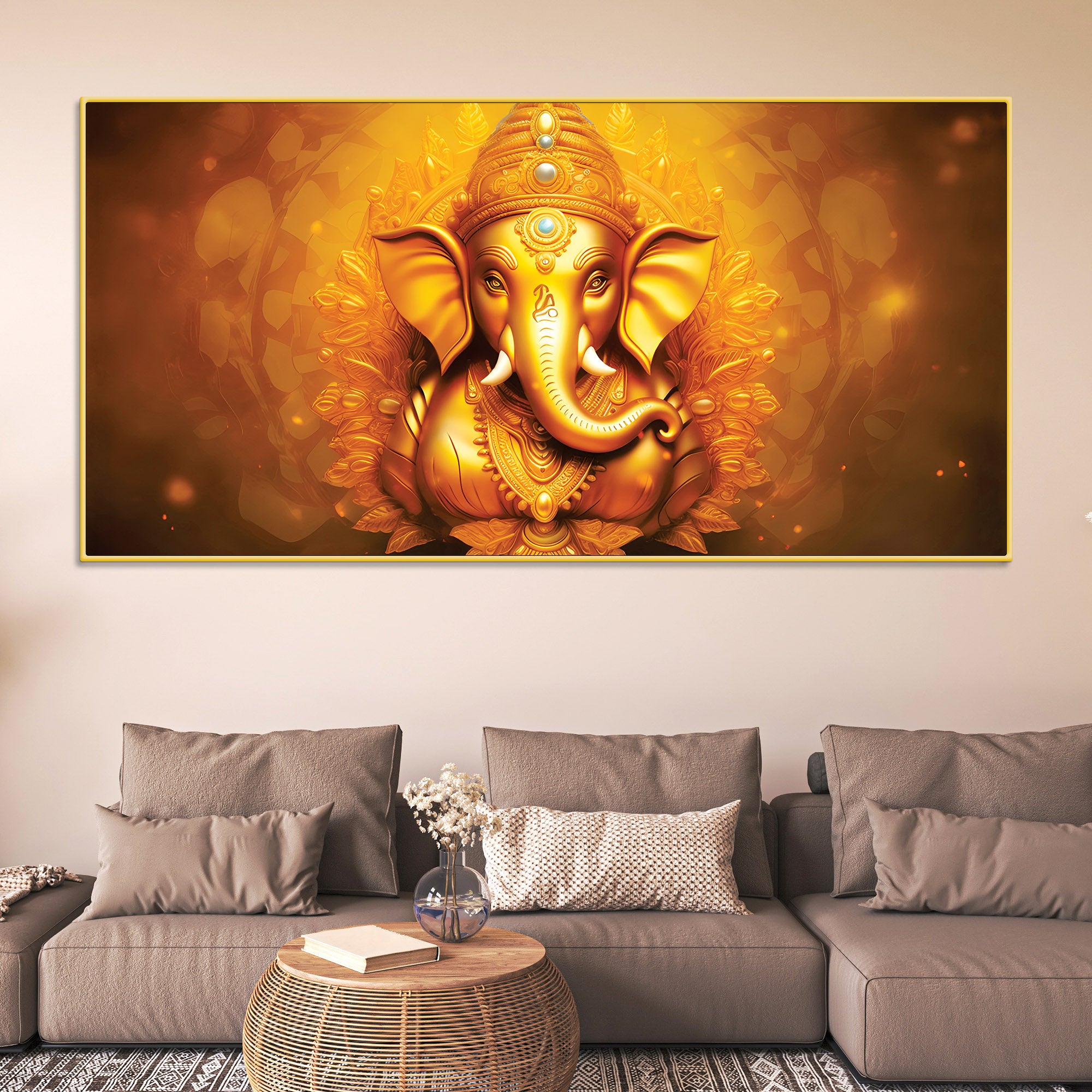 Royal Divine Golden Lord Ganesha Elegant Canvas Wall Painting for Home & Office Decor – Modern Devotional Wall Art