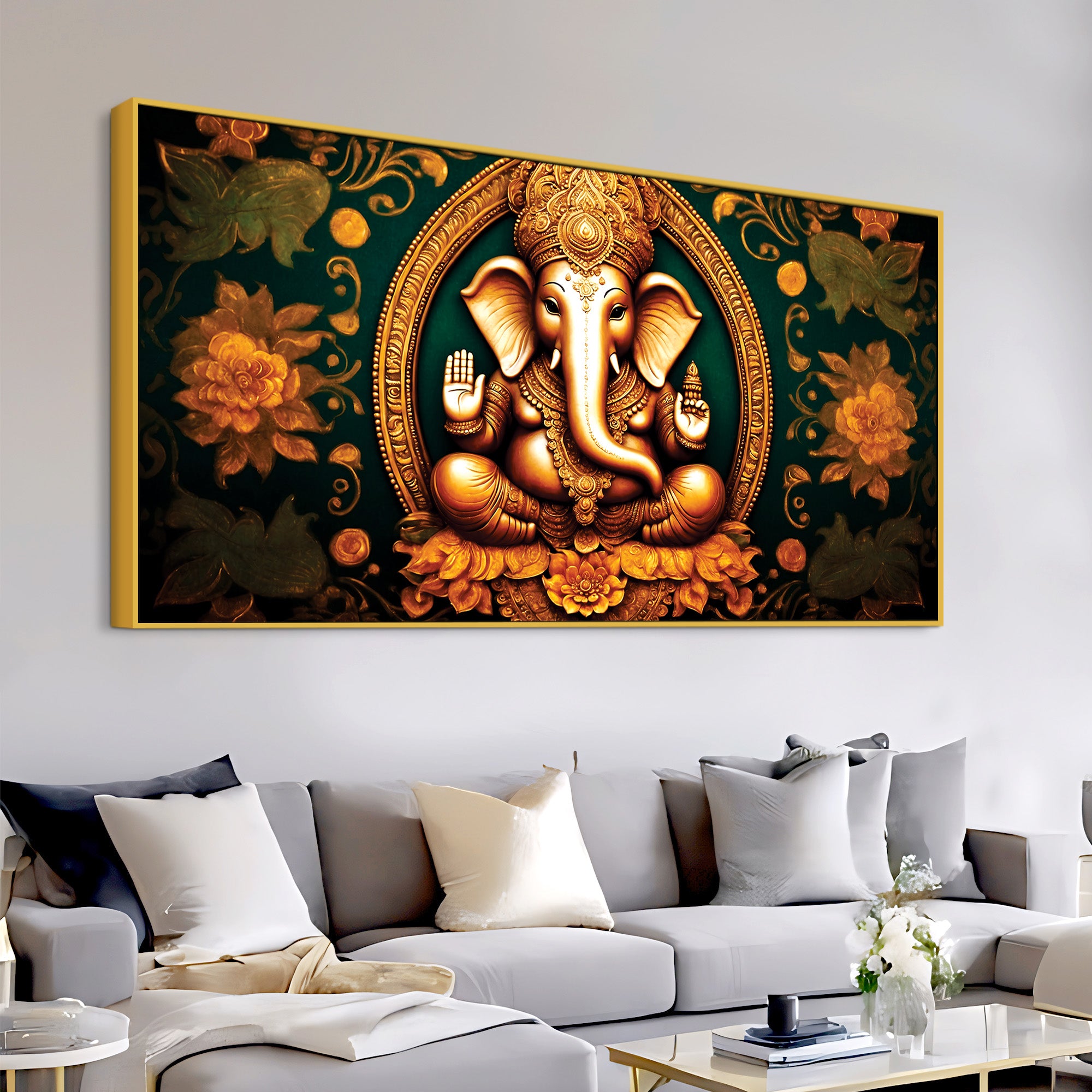 Royal Divine Lord Shri Ganesha with Beautiful Flowers Spiritual Canvas Wall Painting for Home & Office Decor – Modern Devotional Wall Art