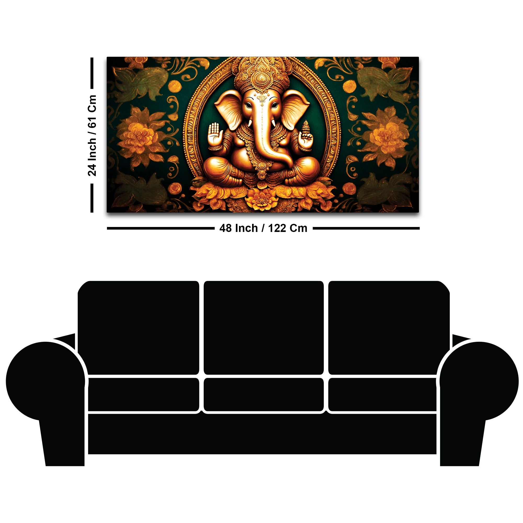 Royal Divine Lord Shri Ganesha with Beautiful Flowers Spiritual Canvas Wall Painting for Home & Office Decor – Modern Devotional Wall Art