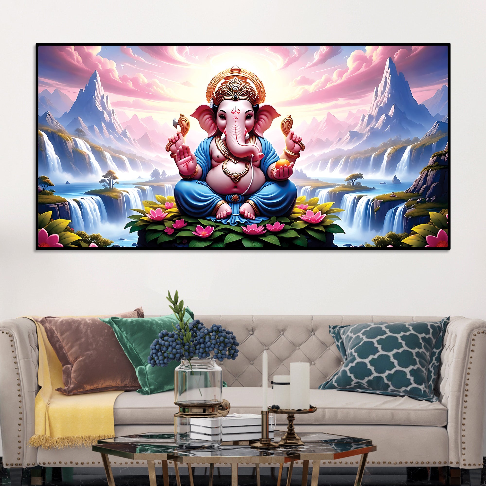 Royal Lord Ganesha Sitting Between Mountains & Waterfall Canvas Wall Painting For Home & Pooja Spaces – Modern Spiritual Wall Art