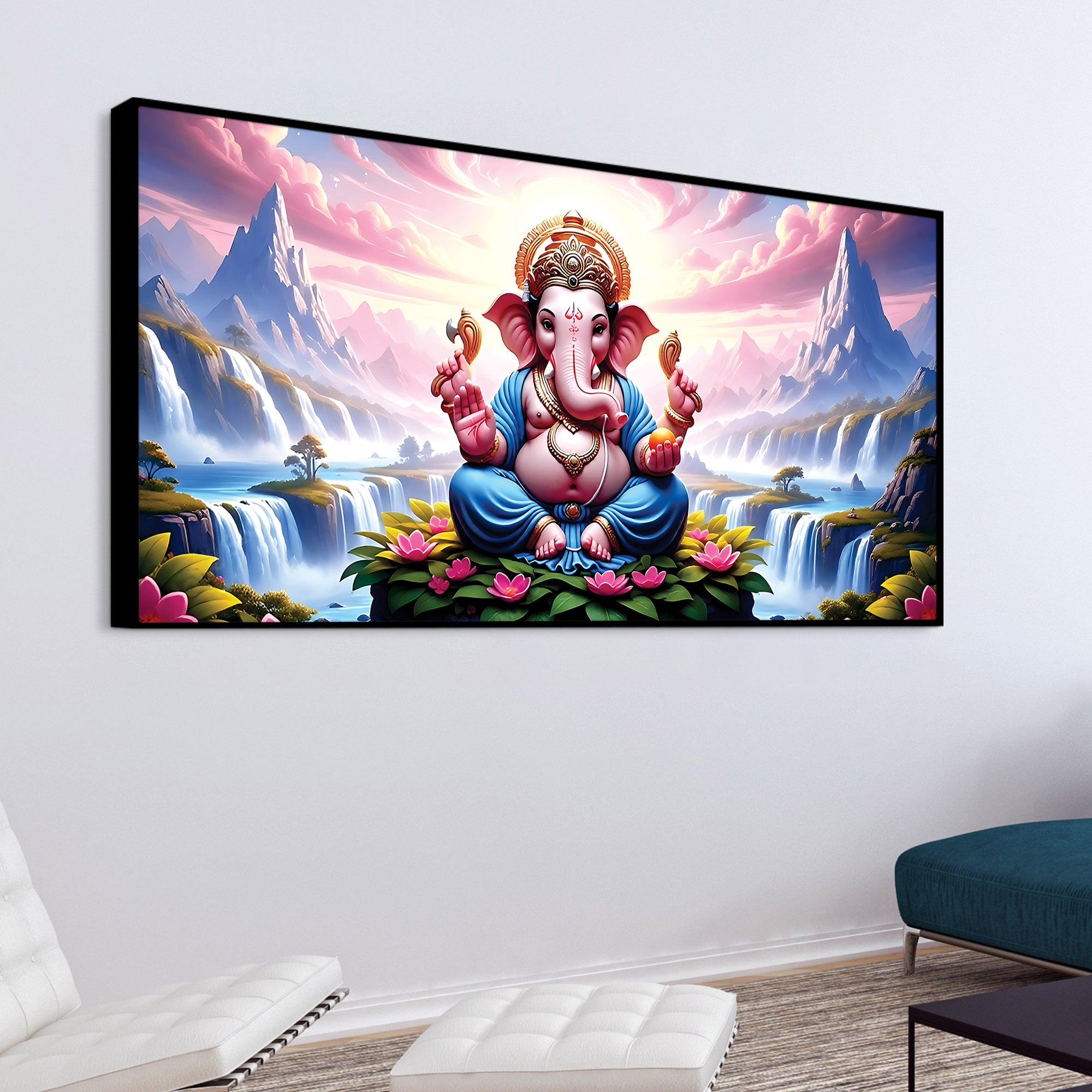 Royal Lord Ganesha Sitting Between Mountains & Waterfall Canvas Wall Painting For Home & Pooja Spaces – Modern Spiritual Wall Art