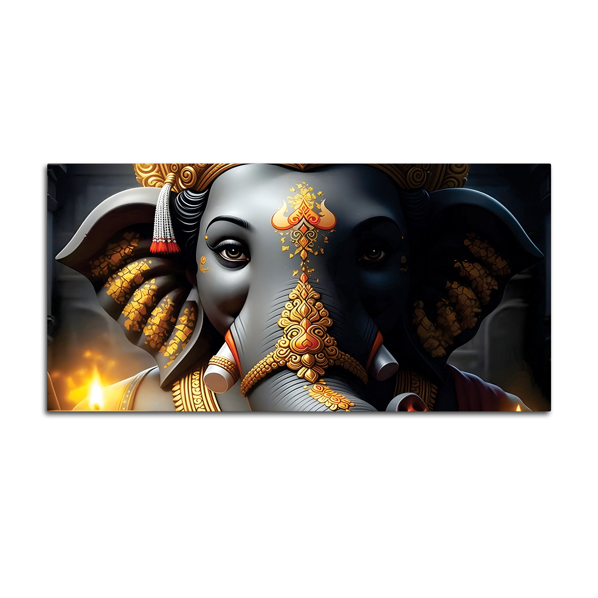 Royal Lord Shri Ganesha Grey & Dark Gold Canvas Wall Painting – Luxury Spiritual Wall Art for Home & Office Decor