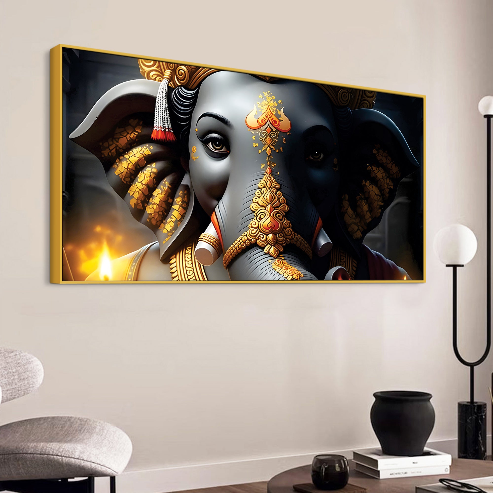 Royal Lord Shri Ganesha Grey & Dark Gold Canvas Wall Painting – Luxury Spiritual Wall Art for Home & Office Decor