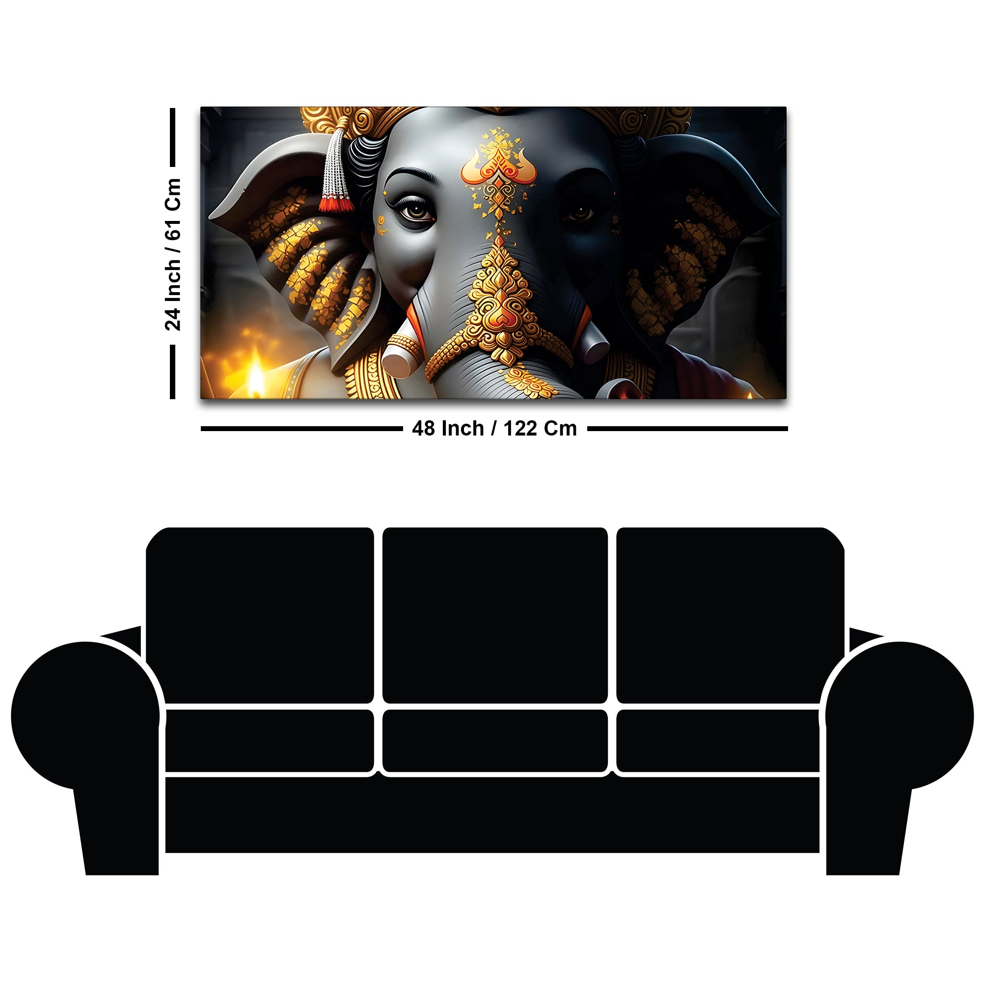 Royal Lord Shri Ganesha Grey & Dark Gold Canvas Wall Painting – Luxury Spiritual Wall Art for Home & Office Decor