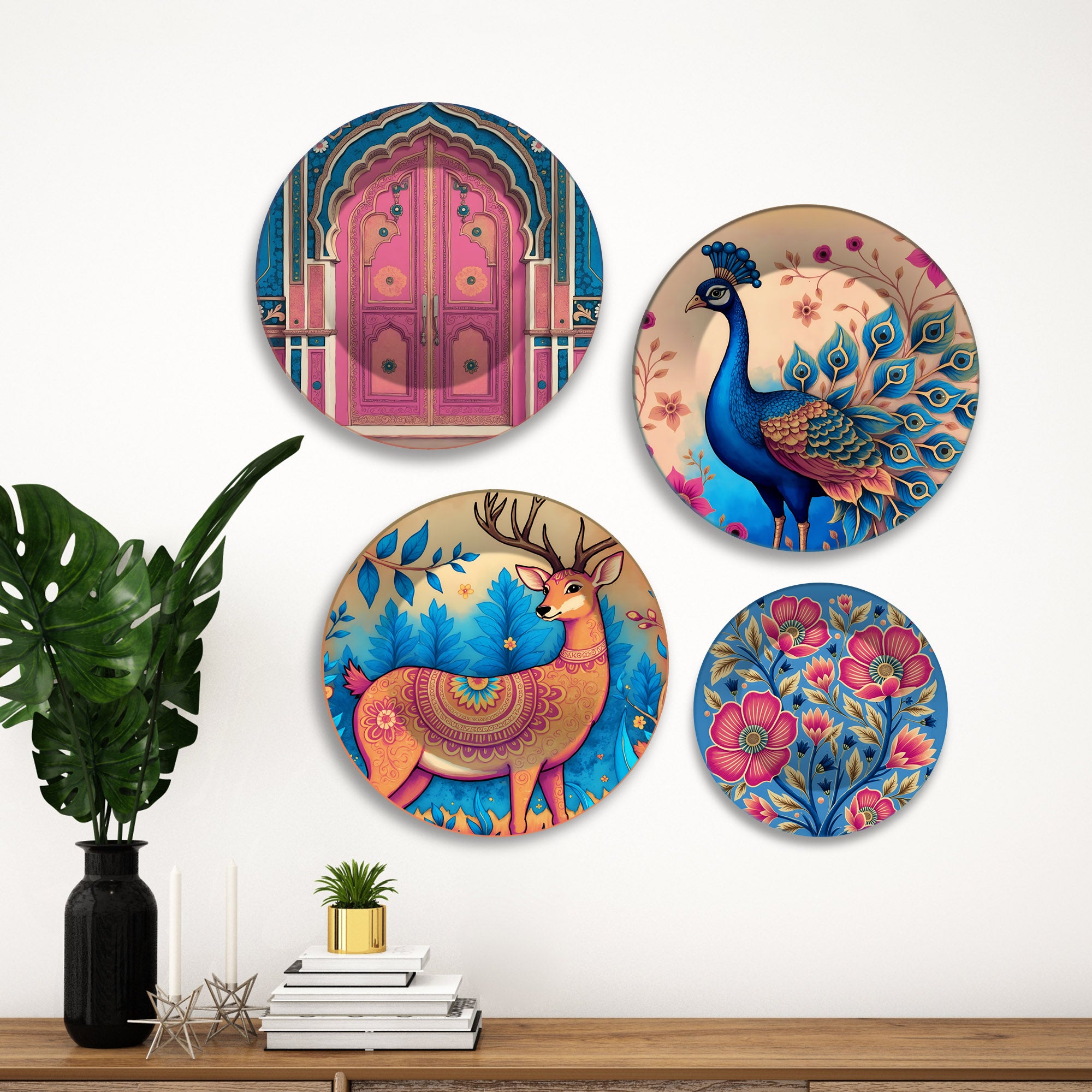 Royal Mughal Charm Decorative Premium Wall Plates Painting Set of Four