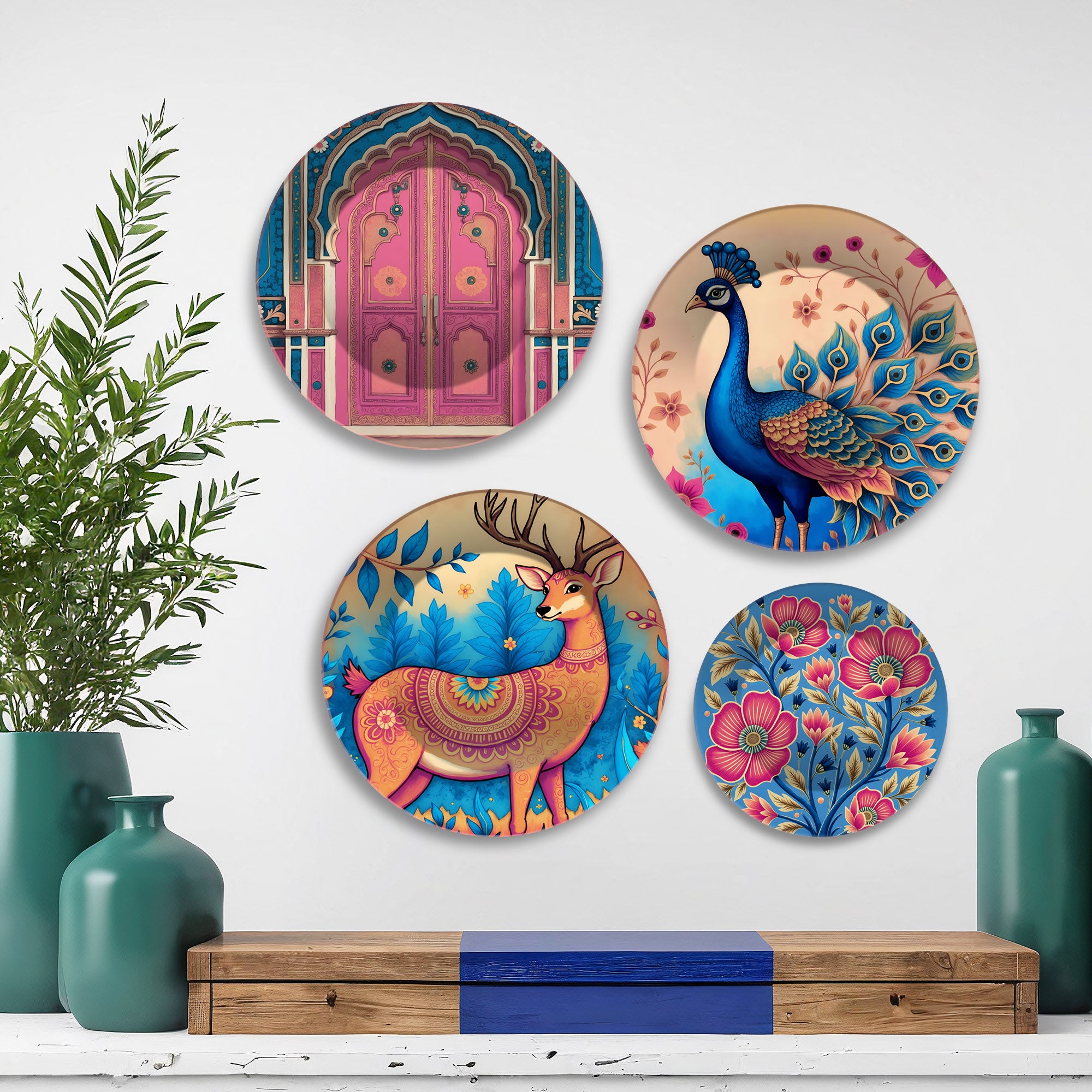 Royal Mughal Charm Decorative Premium Wall Plates Painting Set of Four