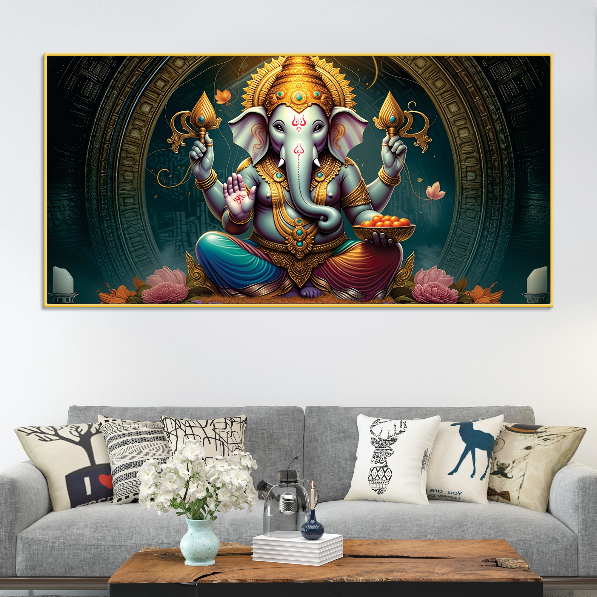 Royal Temple Inspired Lord Shri Ganeshji Canvas Wall Art Painting for Home & Office – Elegant Spiritual Wall Décor