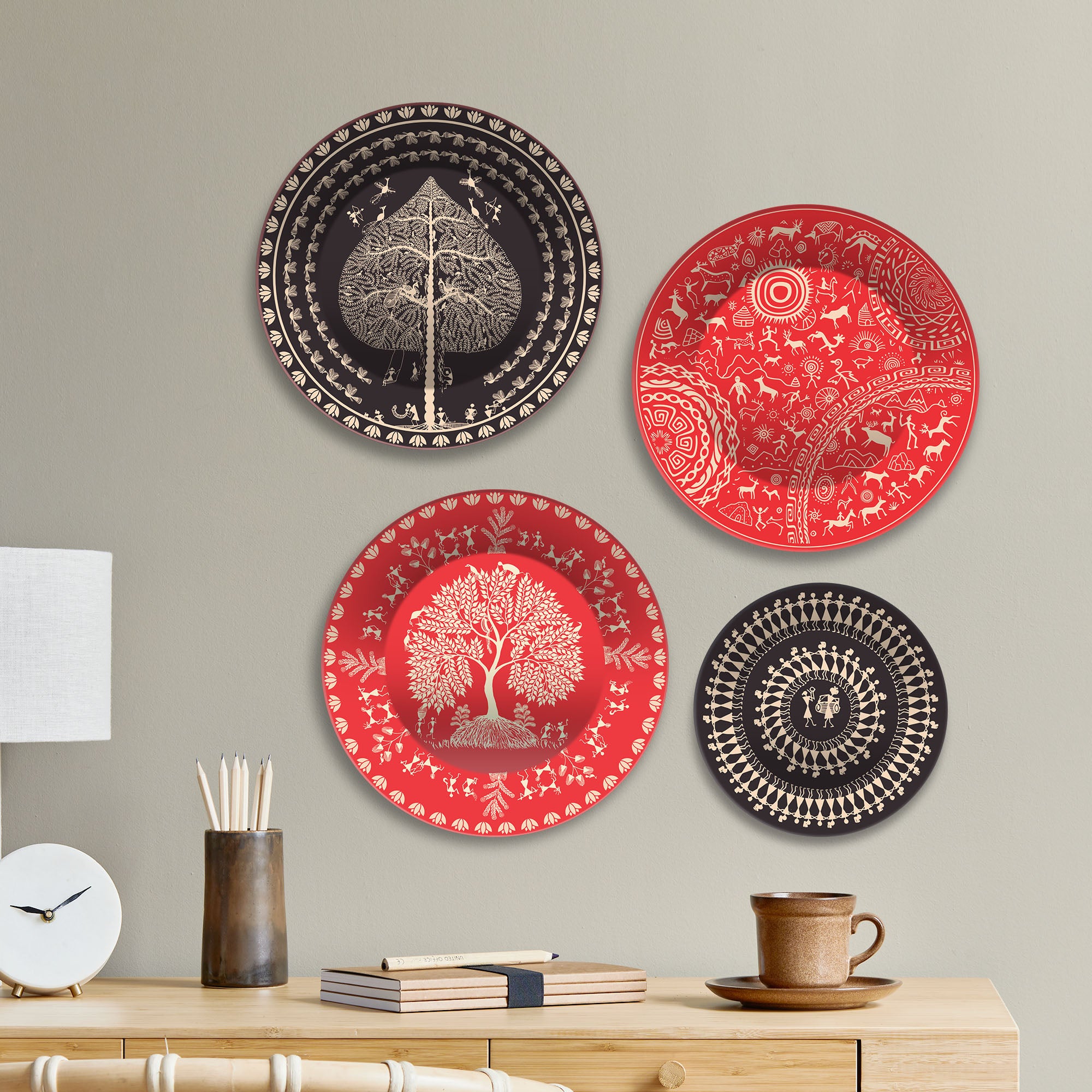Rustic Elegance Warli Art Premium Wall Plates Painting Set of Four