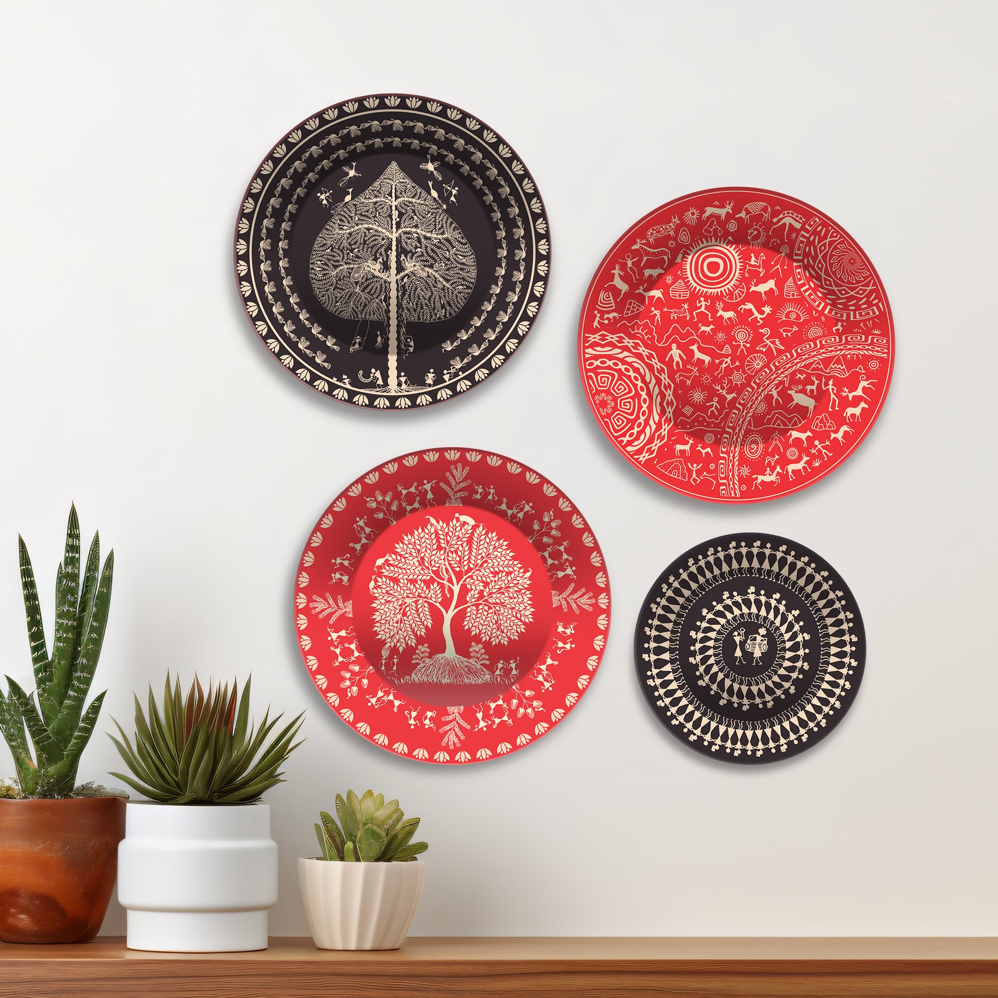 Rustic Elegance Warli Art Premium Wall Plates Painting Set of Four