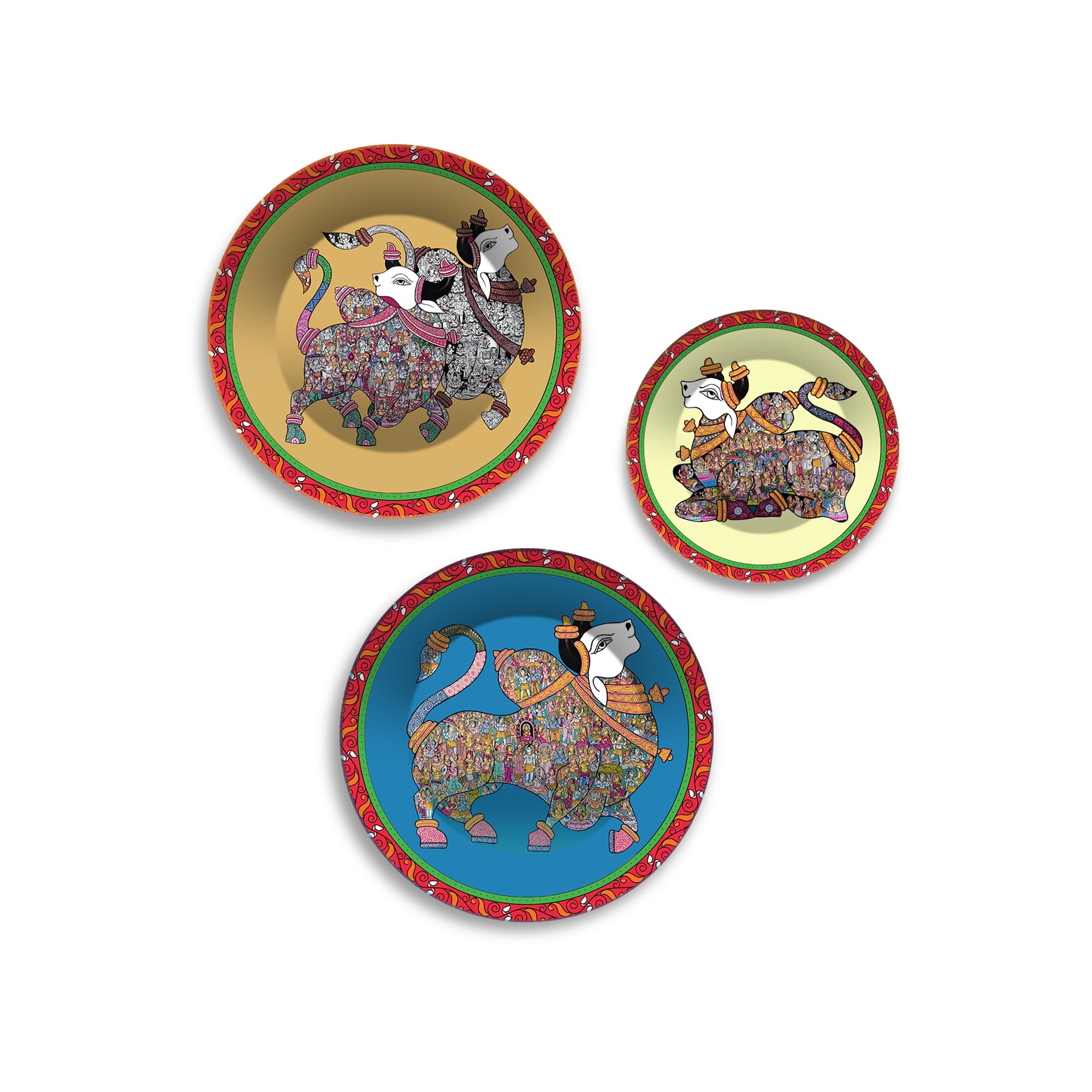 Sacred Guardians Nandi Premium Wall Plates Painting Set of 3