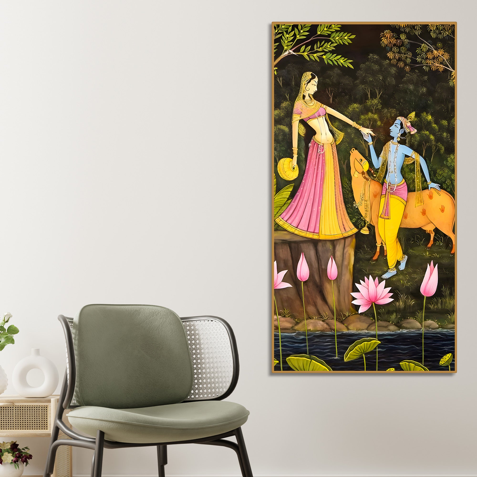 Sacred Radha Krishna with Cow Canvas Wall Art Painting | Spiritual Indian Home Decor