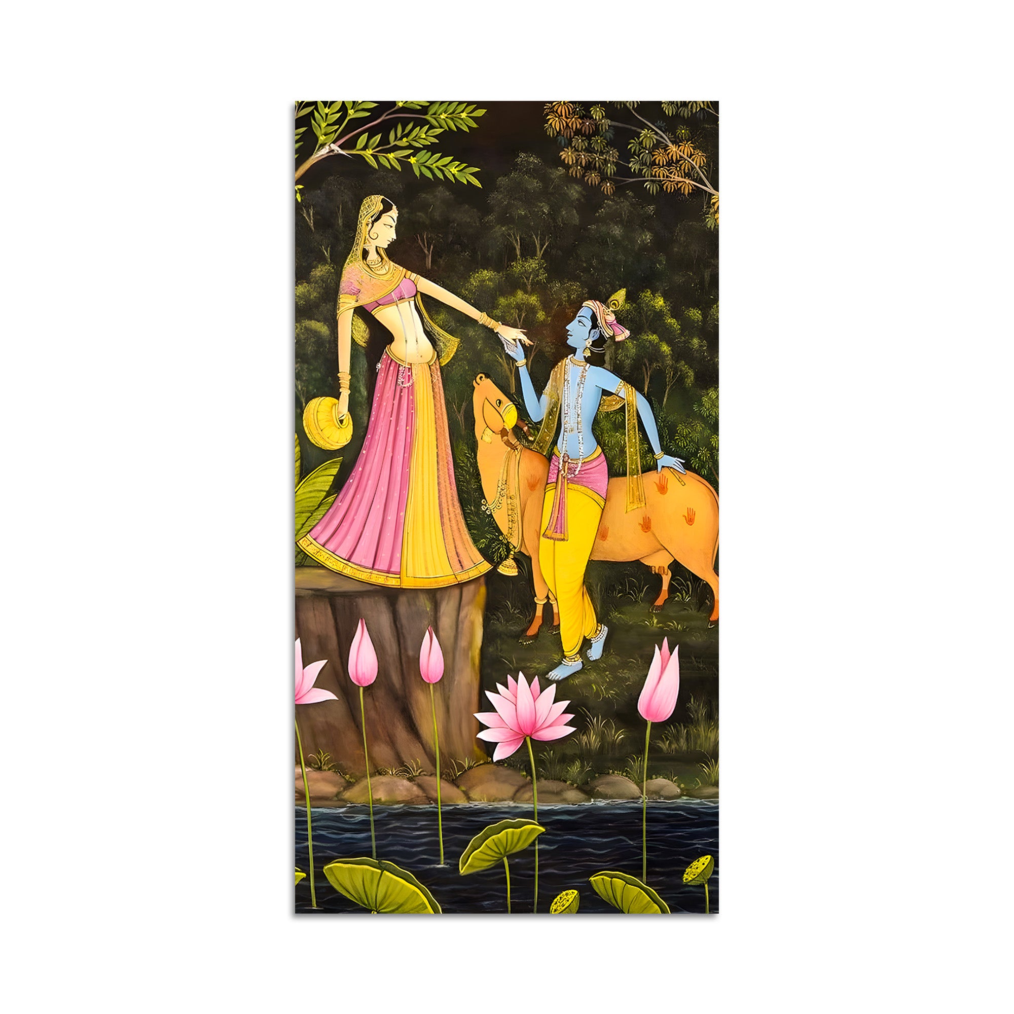 Sacred Radha Krishna with Cow Canvas Wall Art Painting | Spiritual Indian Home Decor