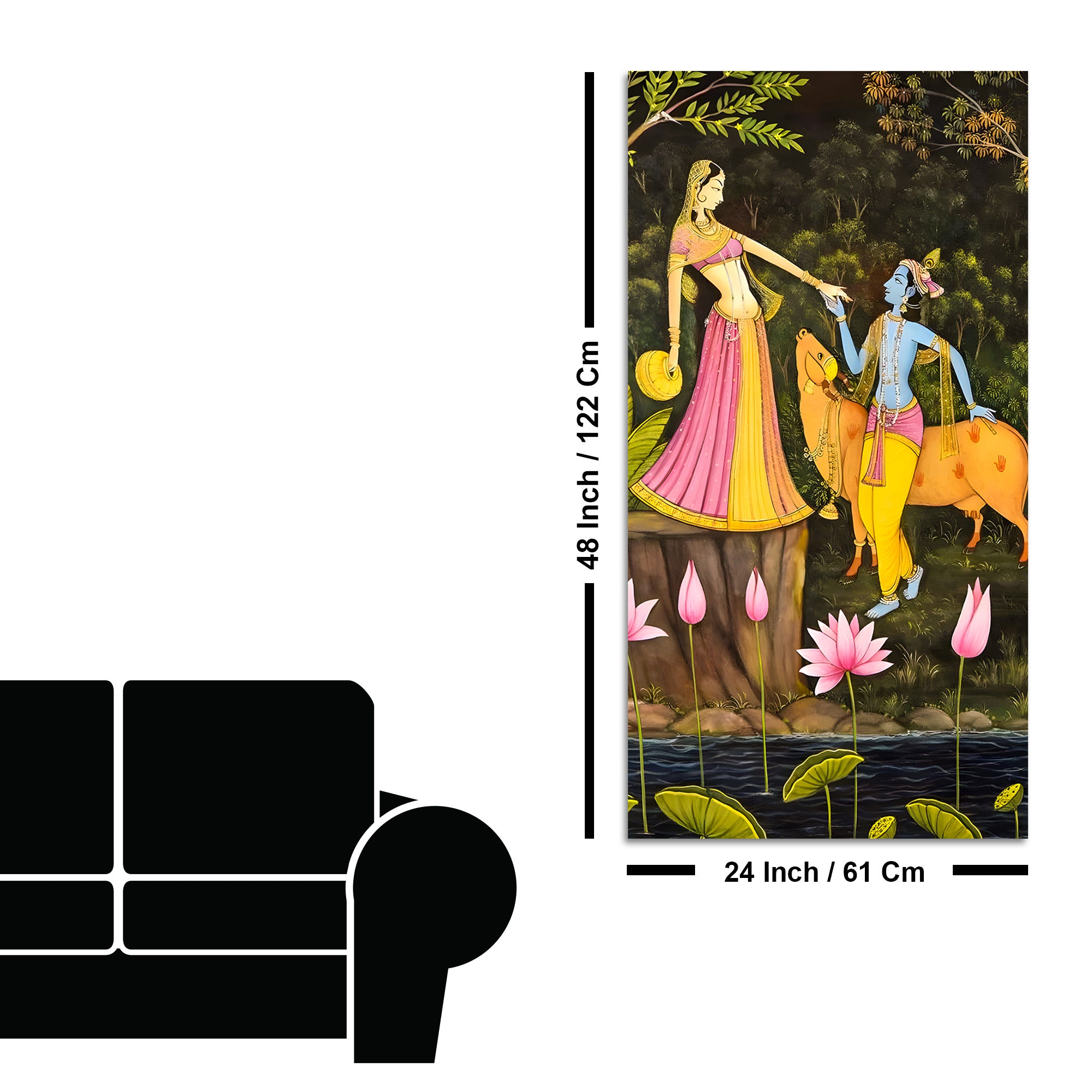 Sacred Radha Krishna with Cow Canvas Wall Art Painting | Spiritual Indian Home Decor